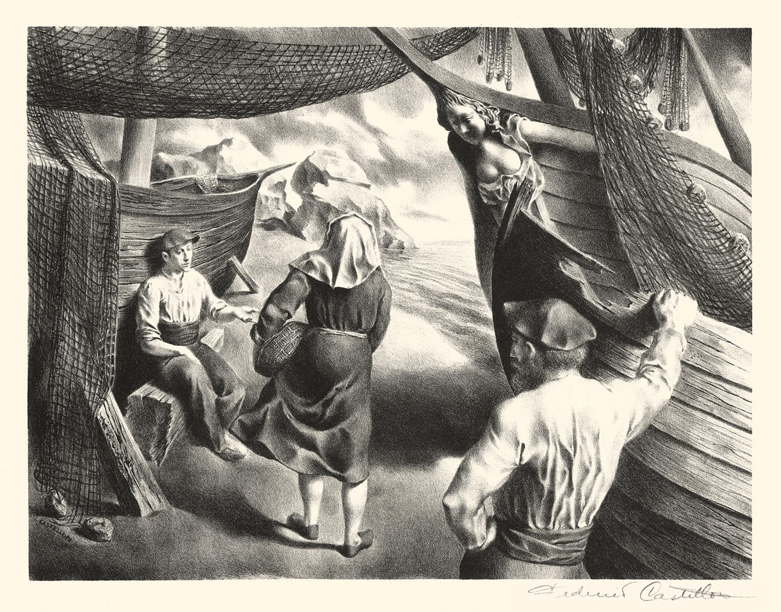 Federico Castellon Figurative Print – Surrealismus der Arks aus der Mitte des Jahrhunderts