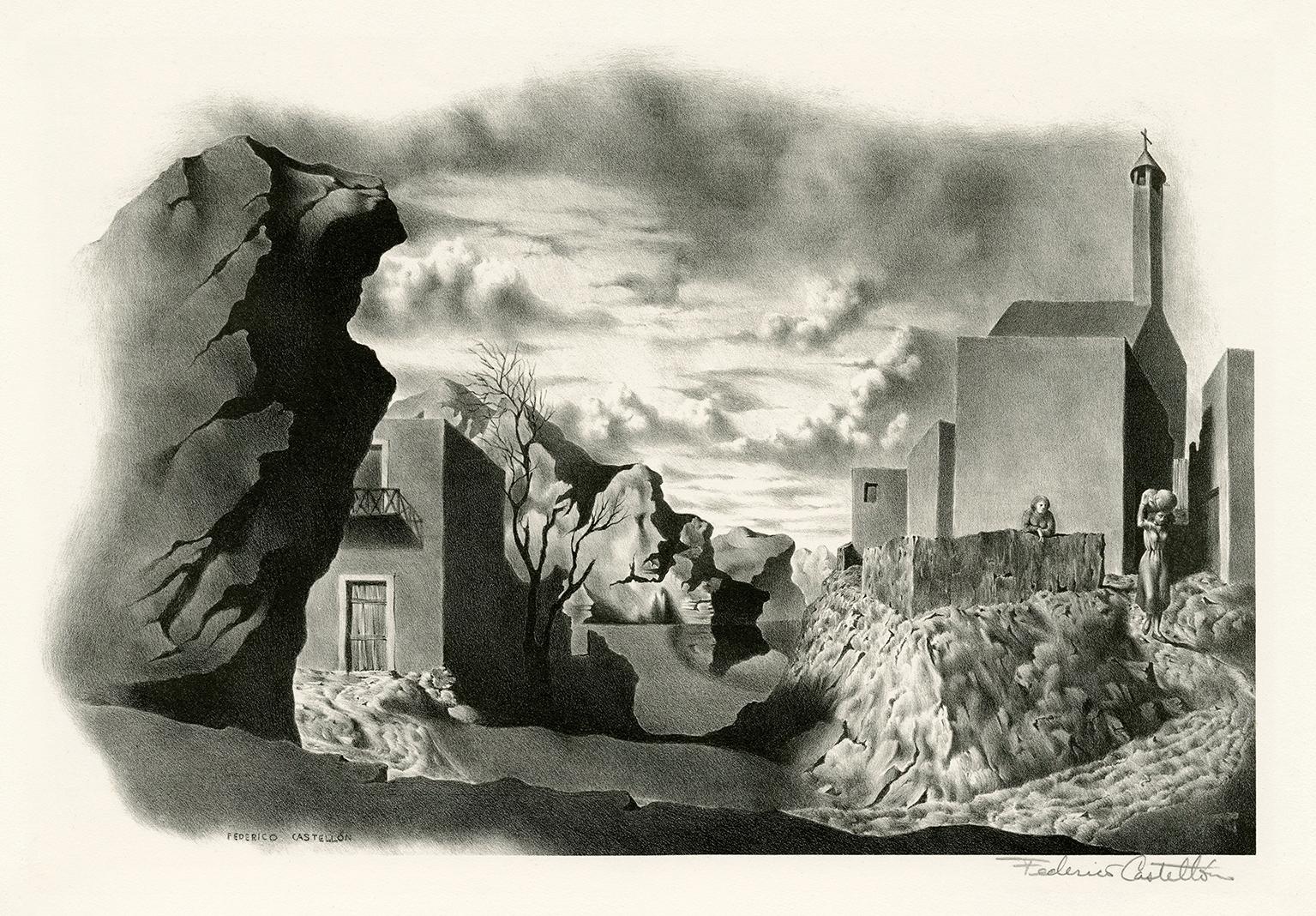 Spanische Landschaft aus der Mitte des Jahrhunderts Surrealismus – Print von Federico Castellon