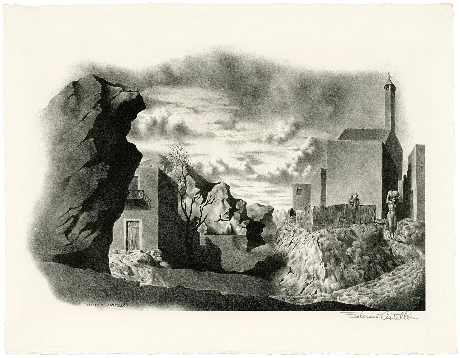 Federico Castellon Landscape Print – Spanische Landschaft aus der Mitte des Jahrhunderts Surrealismus