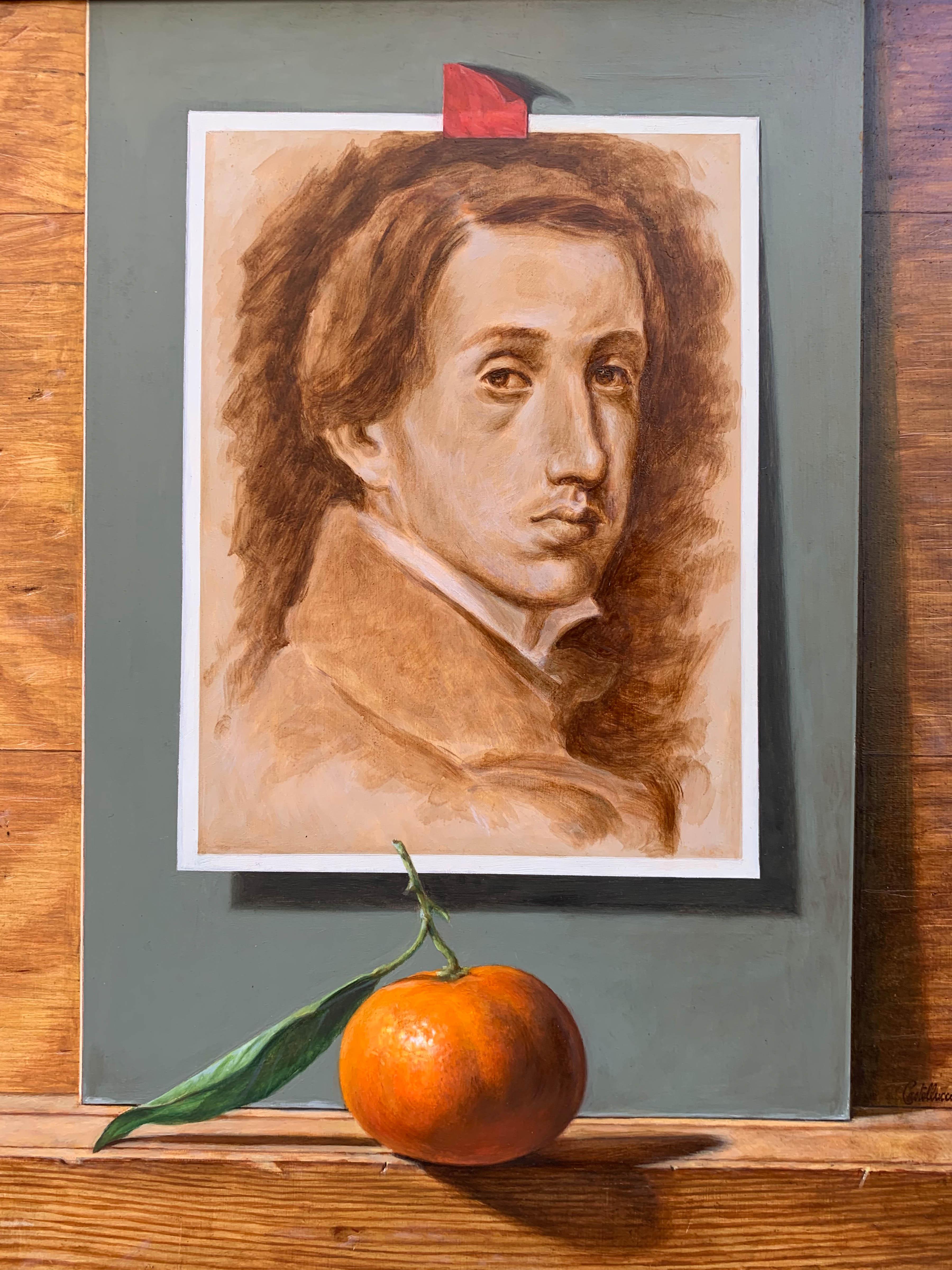 Self Portrait of Degas with Tangerine and Fine Wine - Painting by Federico Castelluccio