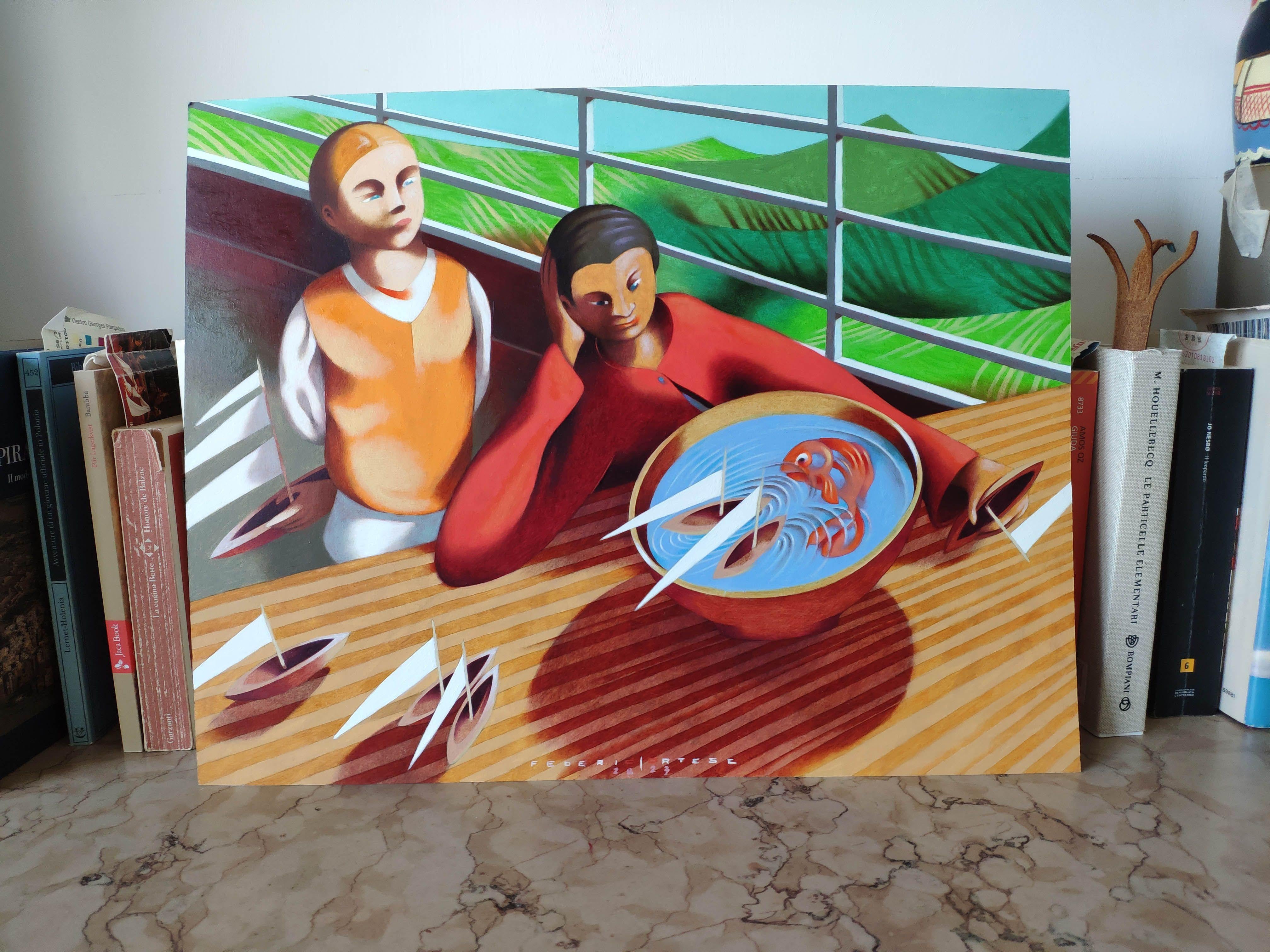 Une après-midi paresseuse, peinture sur papier - Expressionniste Painting par Federico Cortese