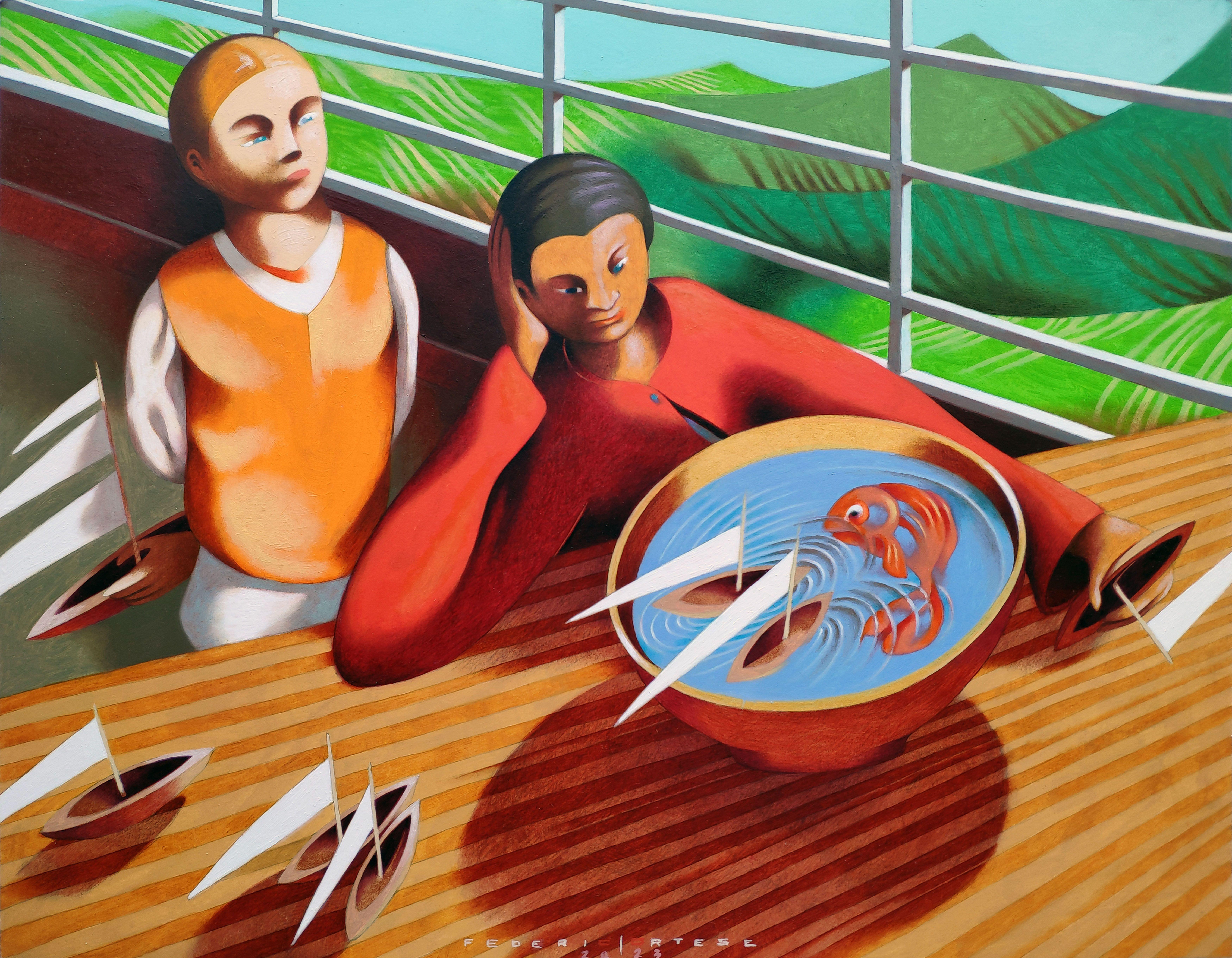 Une après-midi paresseuse, peinture sur papier - Painting de Federico Cortese