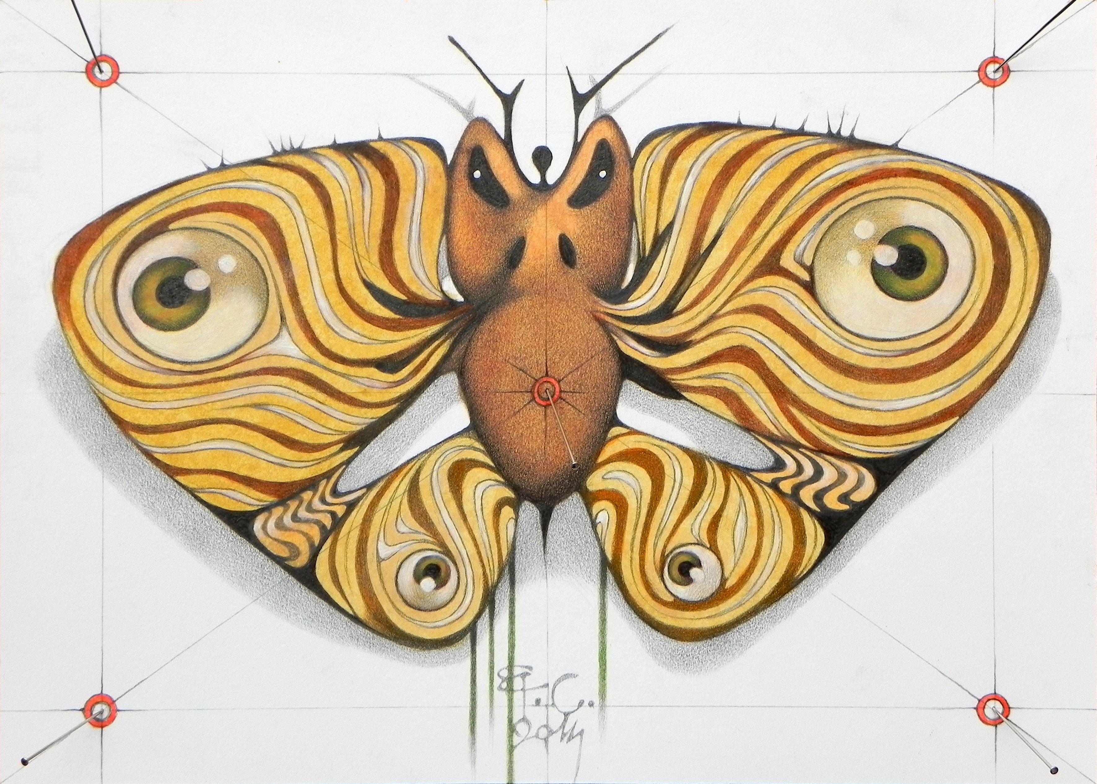 Angry Moth, Gemälde, Öl auf Papier – Painting von Federico Cortese