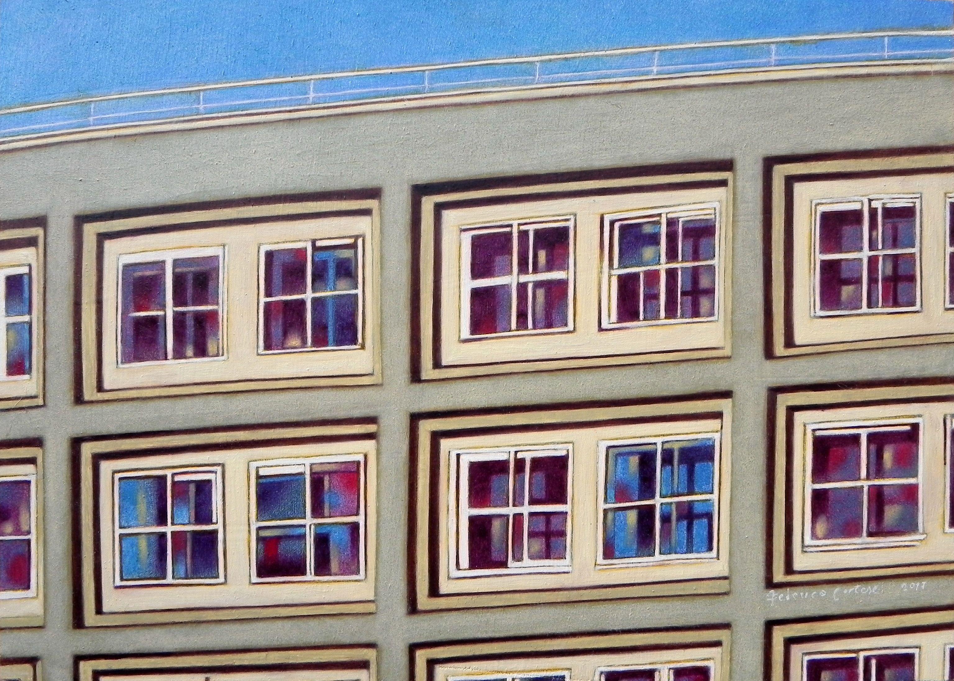 Berliner Alexanderplatz, Gemälde, Öl auf Holzplatte – Painting von Federico Cortese