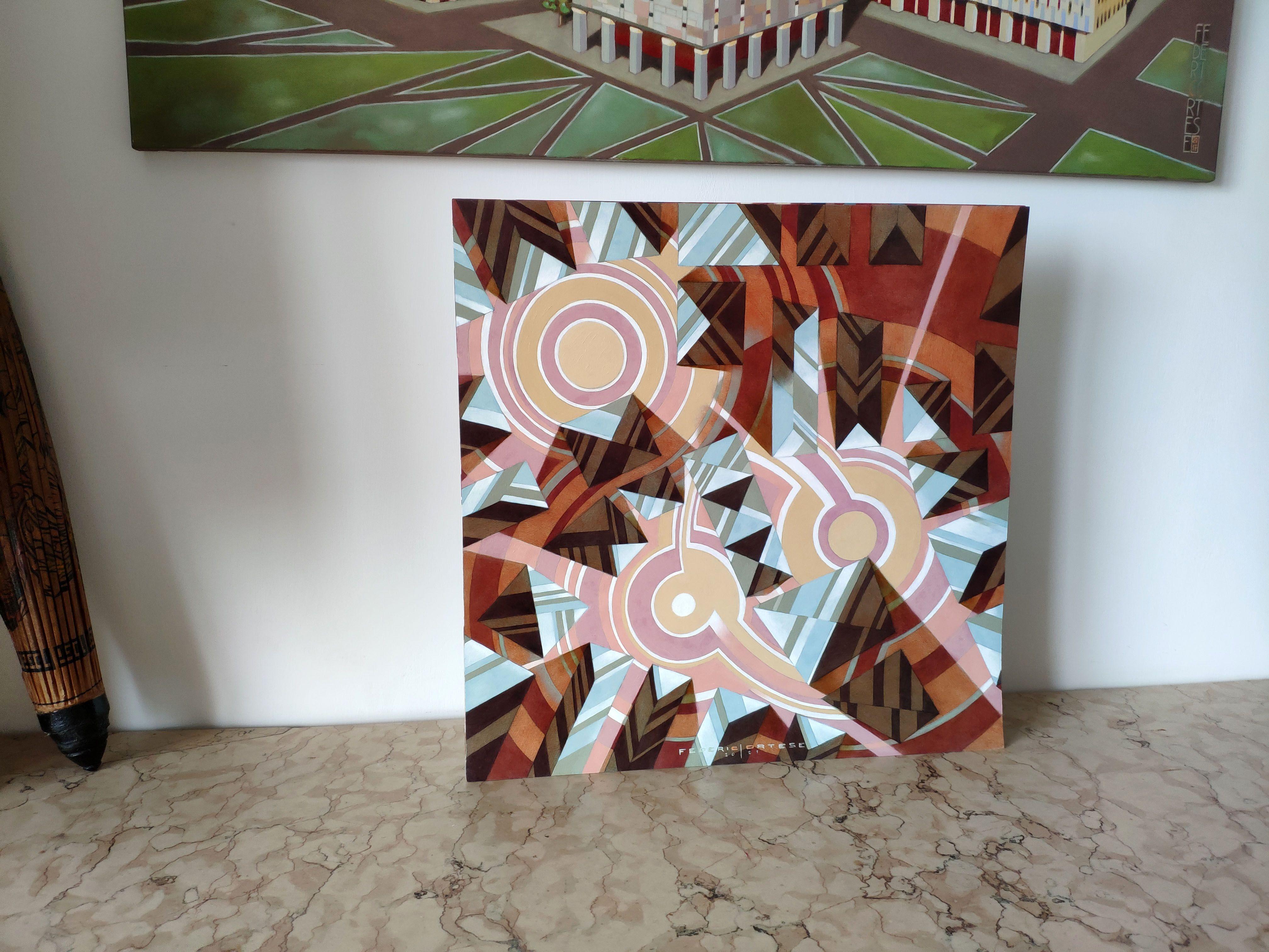 Eine Originalarbeit aus der Serie â€žBlastâ€œ, Ã-l auf dickem Papier, 44 x 44 cm, 2021.    Einige konzentrische Kreise überlagern ein sehr einfaches geometrisches Muster, das an einen Stadtplan erinnert und die Vorstellung einer Explosion