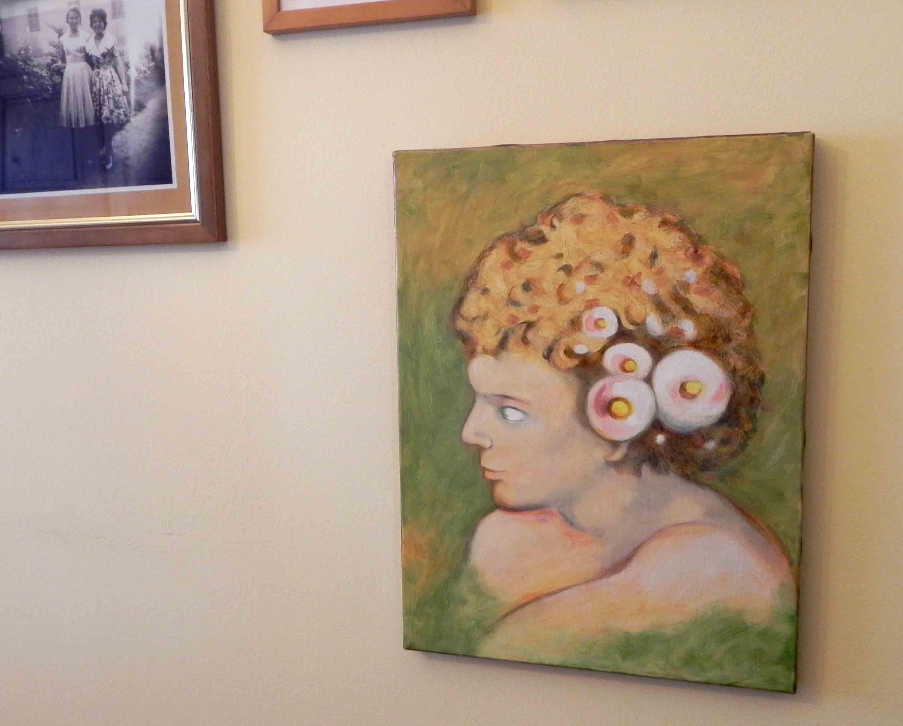 Peinture sur toile, garçon avec des fleurs dans les cheveux - Romantique Painting par Federico Cortese