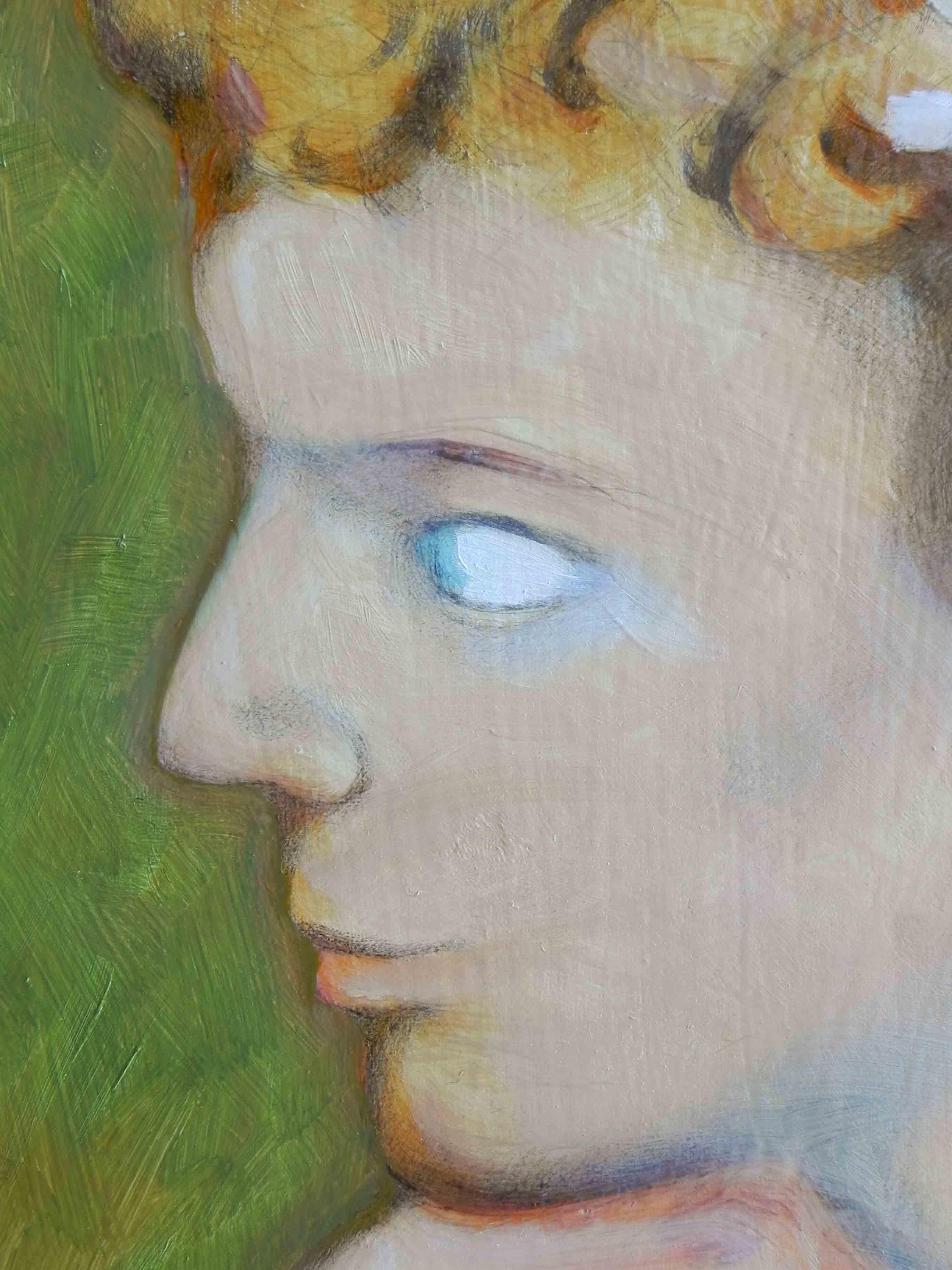 Peinture sur toile, garçon avec des fleurs dans les cheveux en vente 1