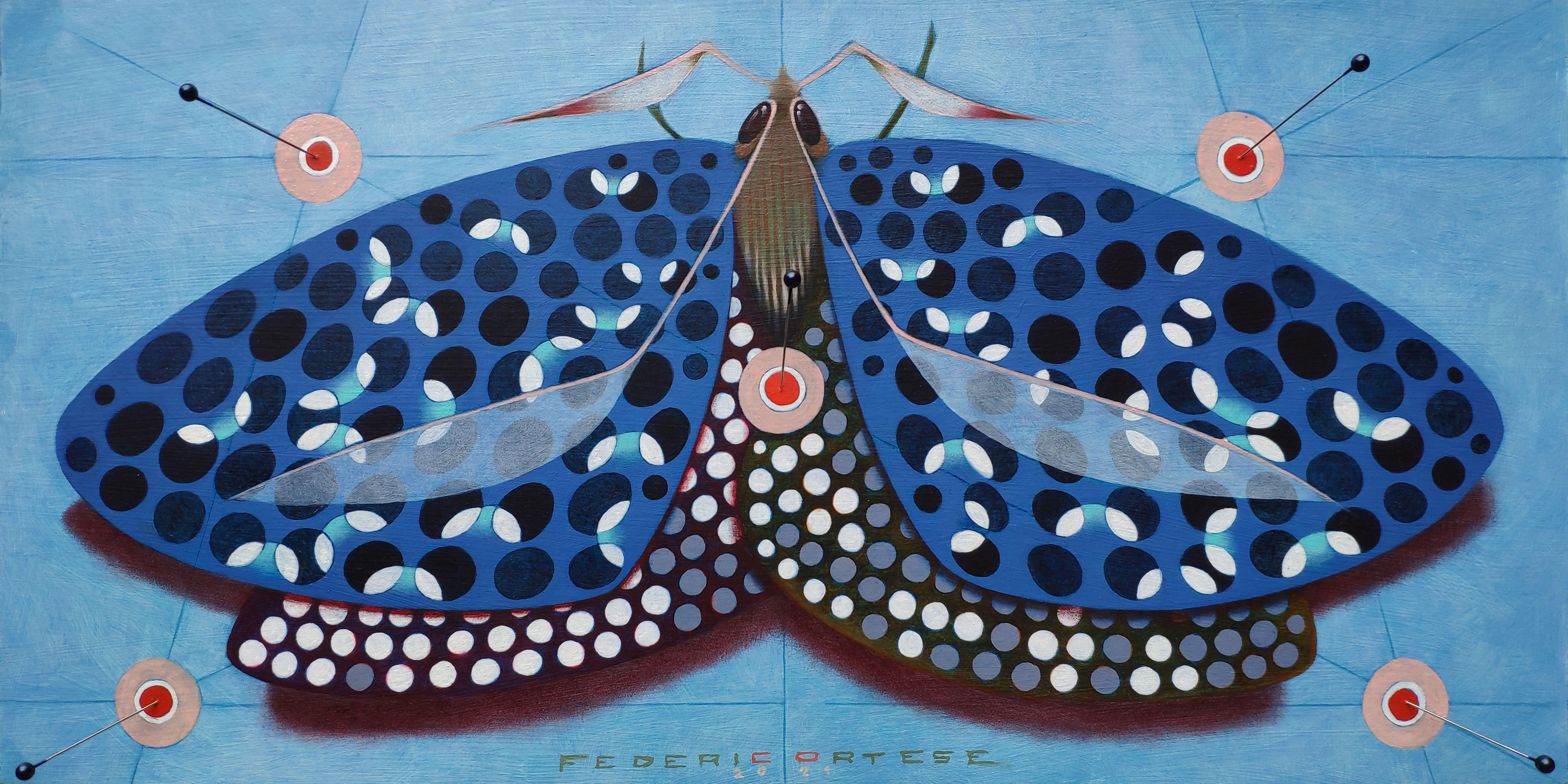 Peinture, huile sur papier, papillon chromatique bleu - Painting de Federico Cortese