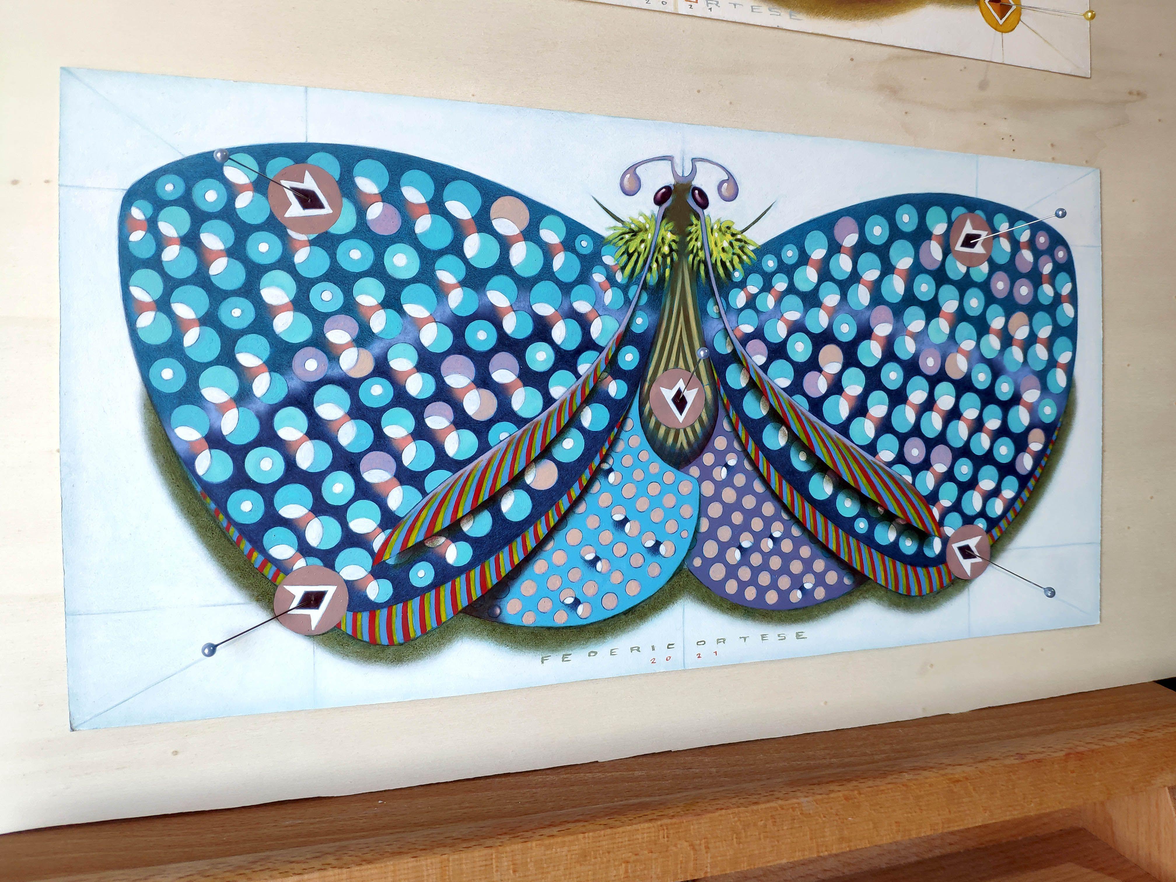 Chromatic butterfly - light blue, Painting, Oil on Paper For Sale 2