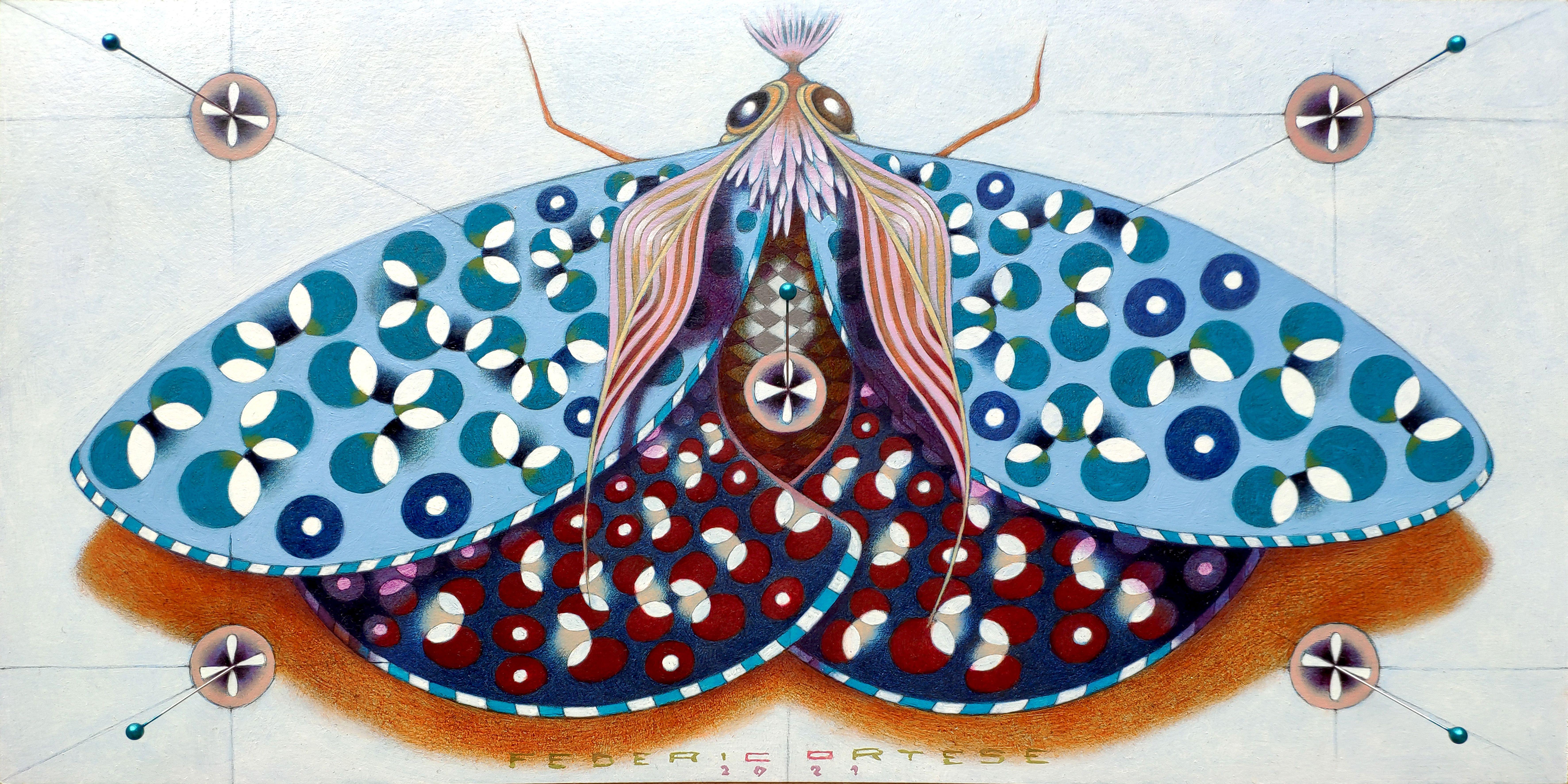 Papillon chromatique - bleu clair, peinture, huile sur papier - Painting de Federico Cortese