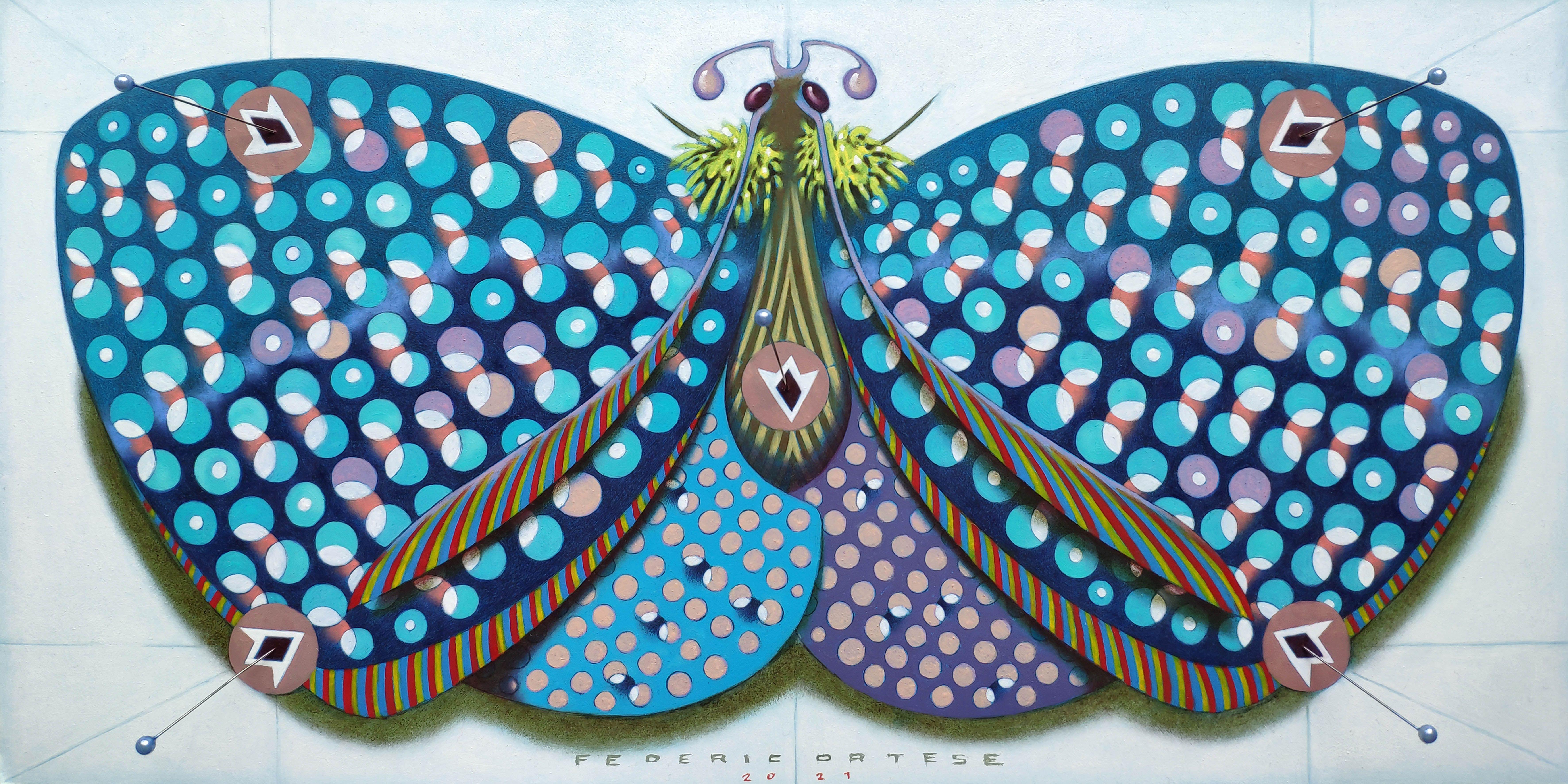 Chrom-Schmetterling – hellblau, Gemälde, Öl auf Papier – Painting von Federico Cortese