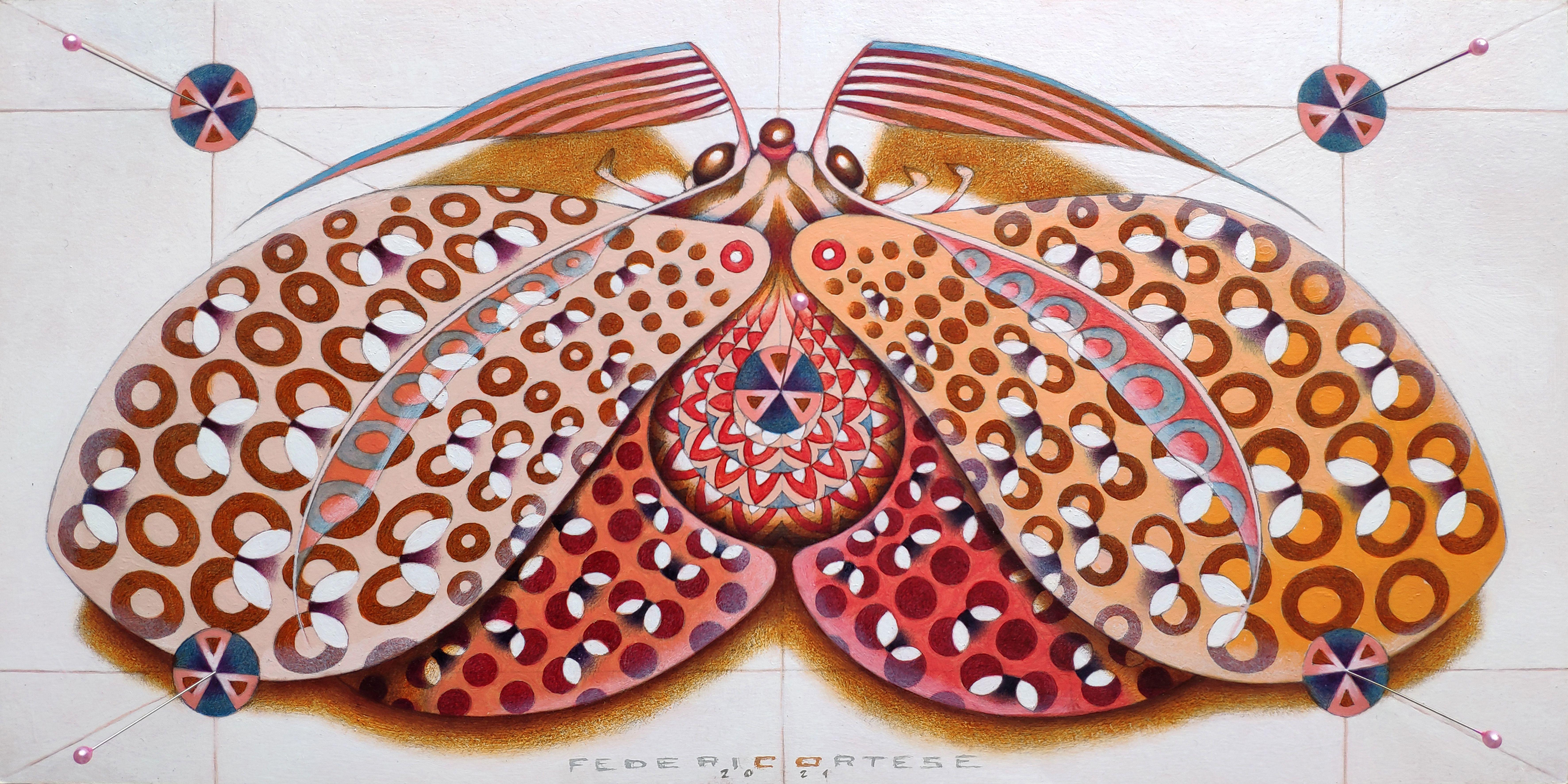 Chromischer Schmetterling – rosa, Gemälde, Öl auf Papier – Painting von Federico Cortese