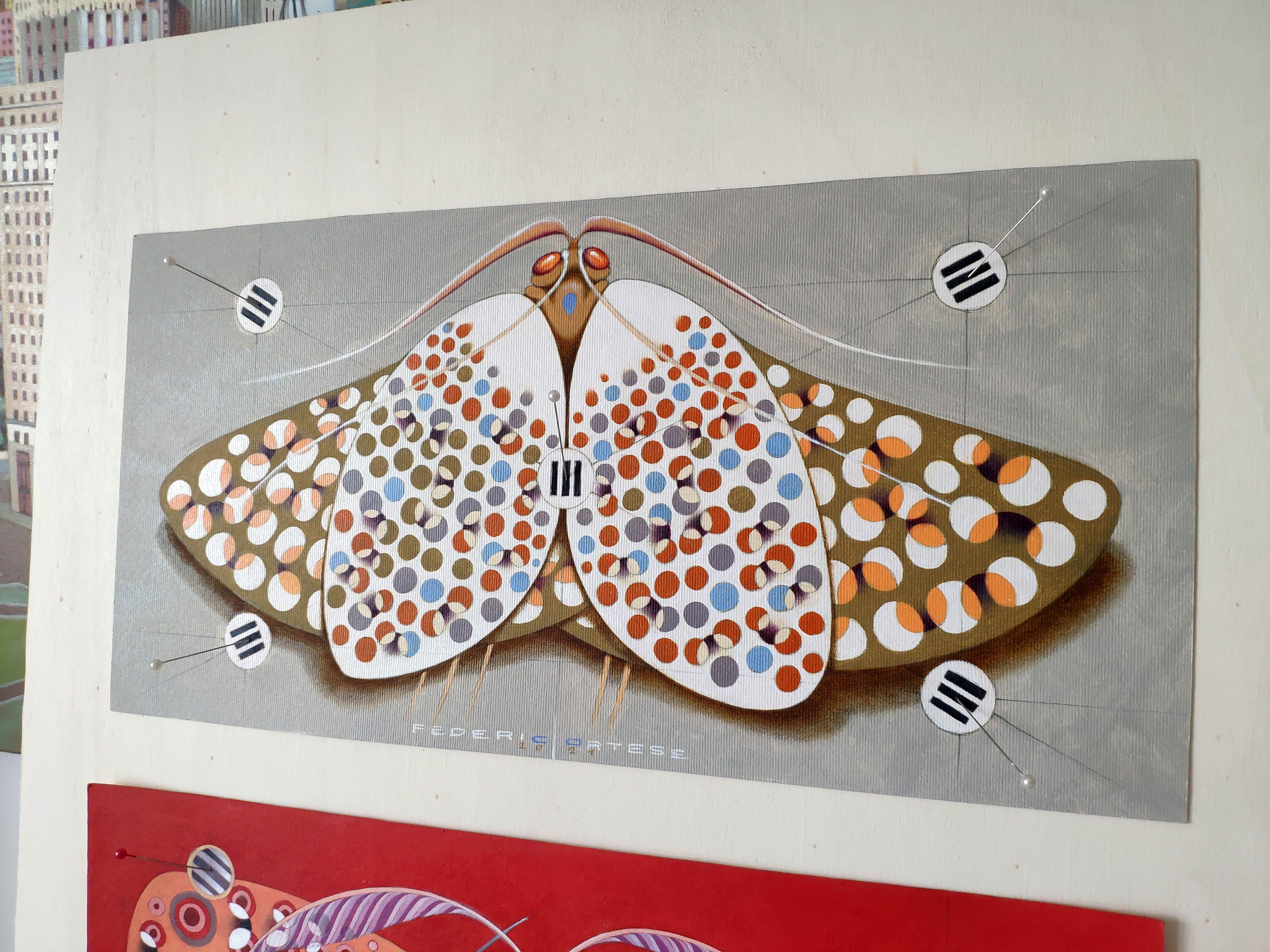 Chromischer Schmetterling – weiß, Gemälde, Öl auf Papier im Angebot 2