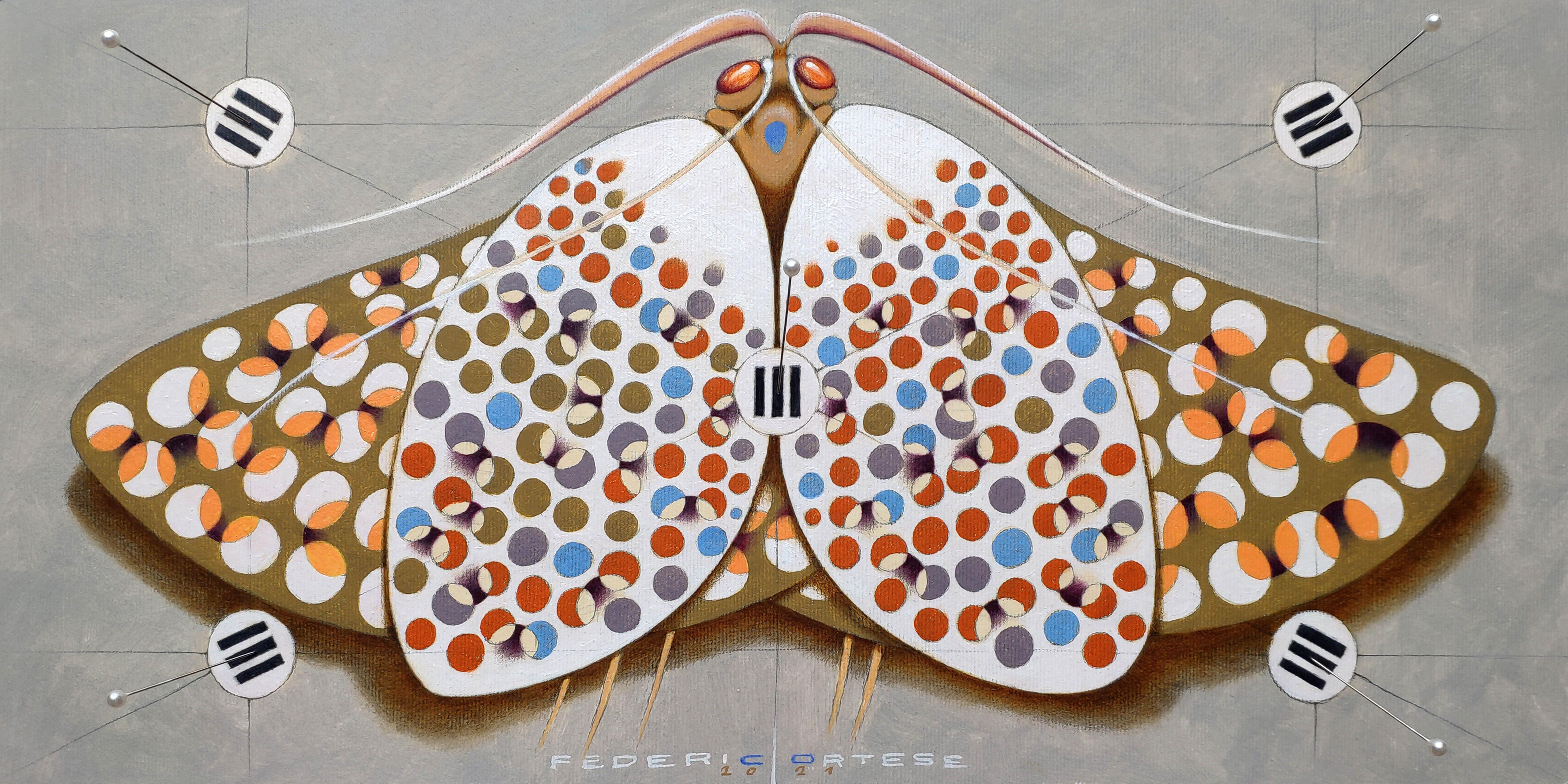 Chromischer Schmetterling – weiß, Gemälde, Öl auf Papier – Painting von Federico Cortese