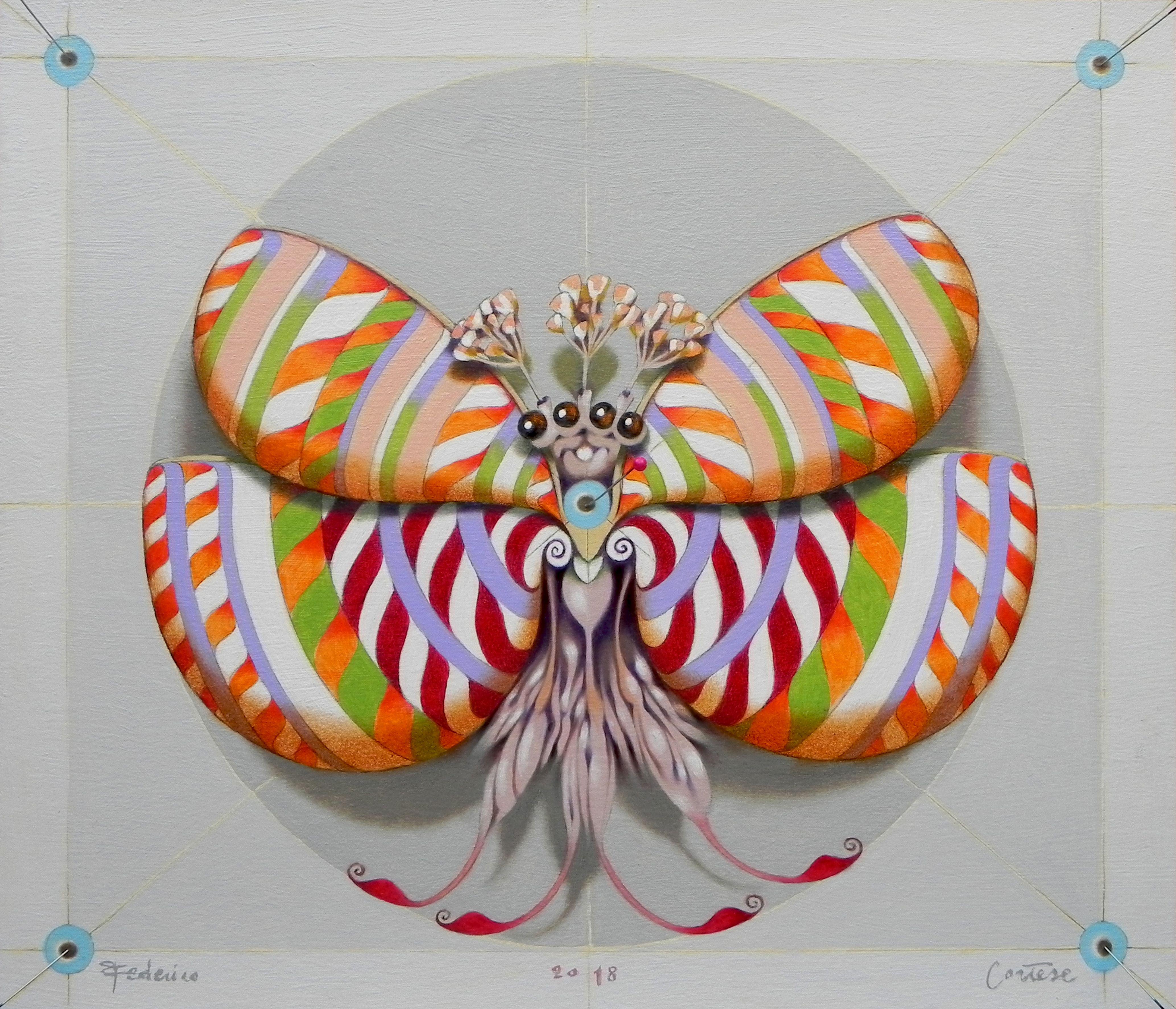 Federico Cortese Animal Painting - Circular butterfly, Painting, Oil on Paper
