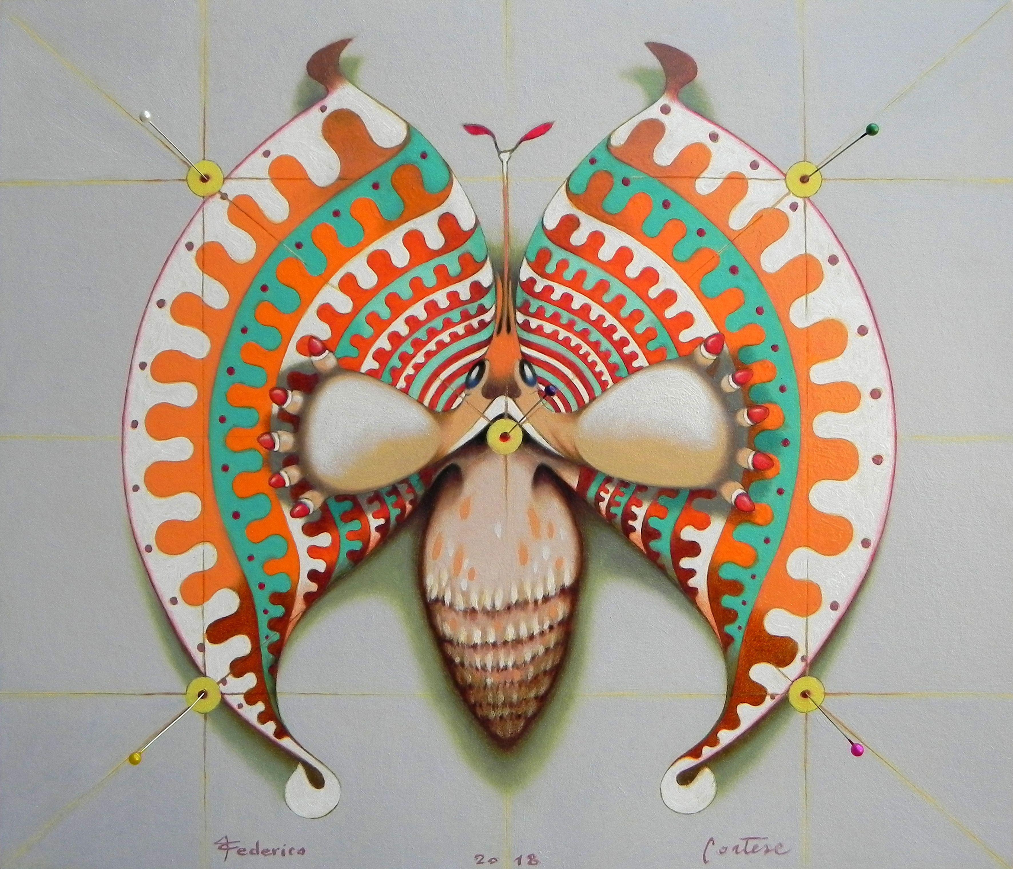 Federico Cortese Animal Painting - Circular butterfly, Painting, Oil on Paper