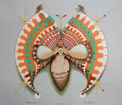 Peinture - Papillon circulaire, huile sur papier