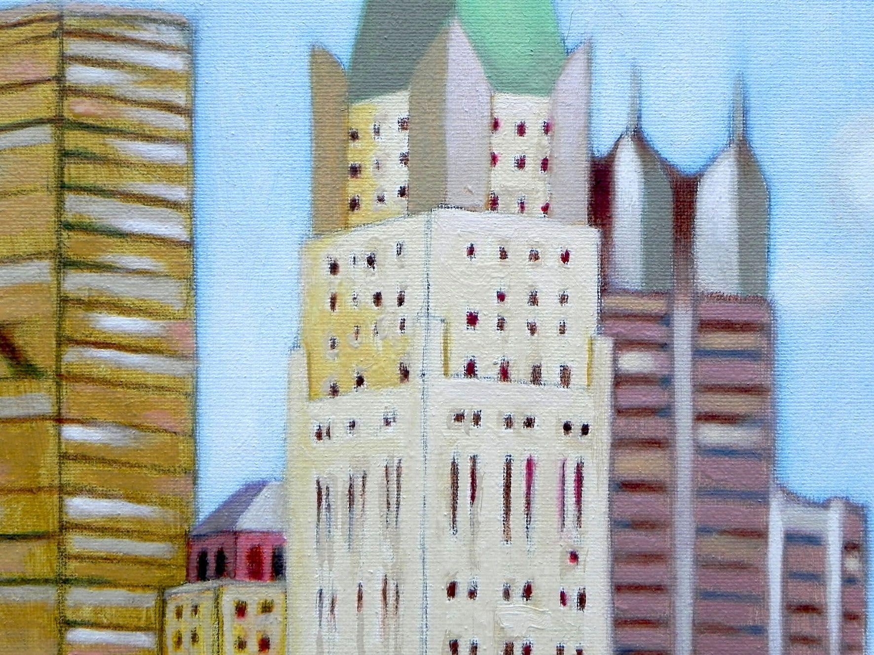 Civic Center with Matrioska, Painting, Oil on Canvas For Sale 2