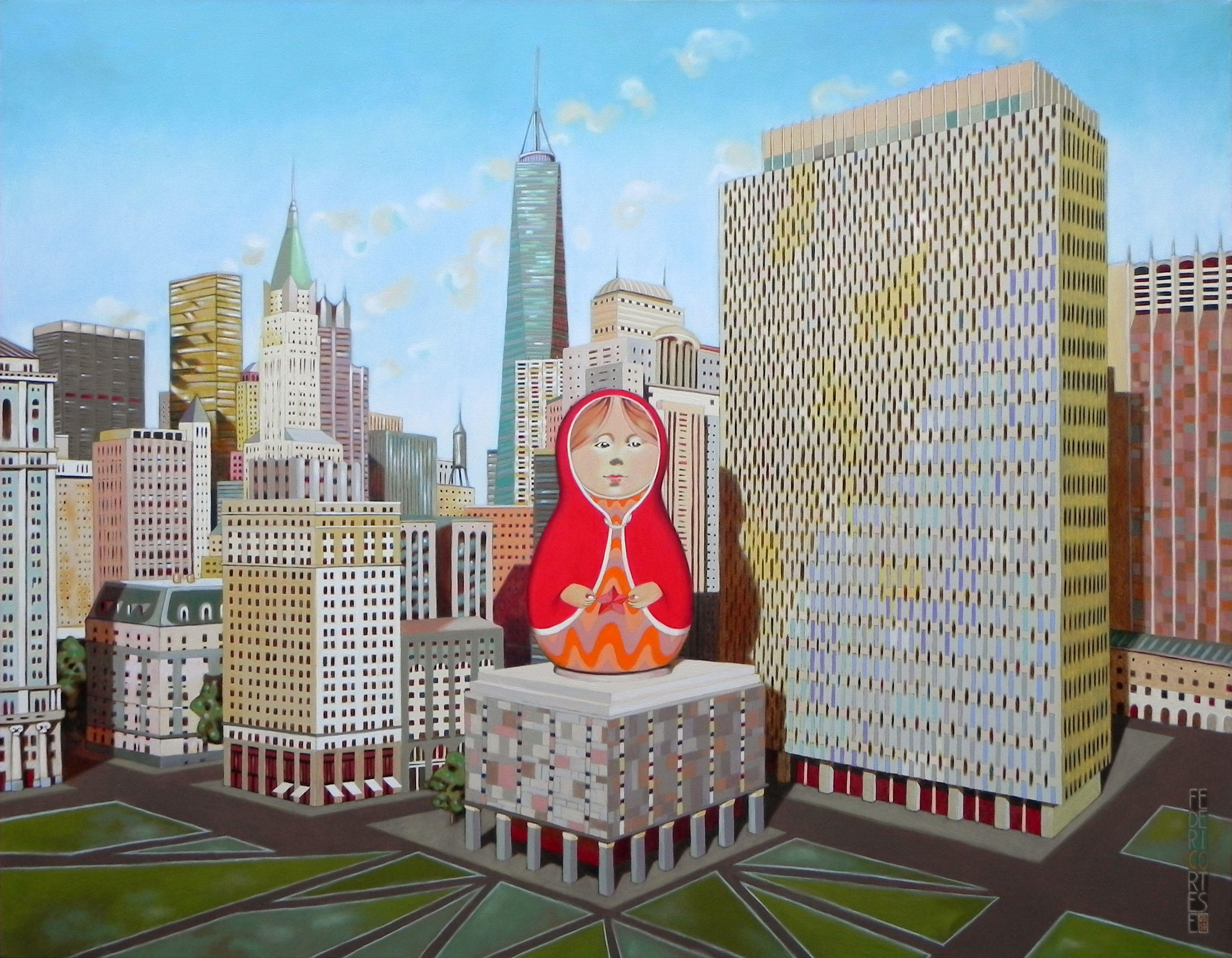 Civic Center with Matrioska, Gemälde, Öl auf Leinwand – Painting von Federico Cortese