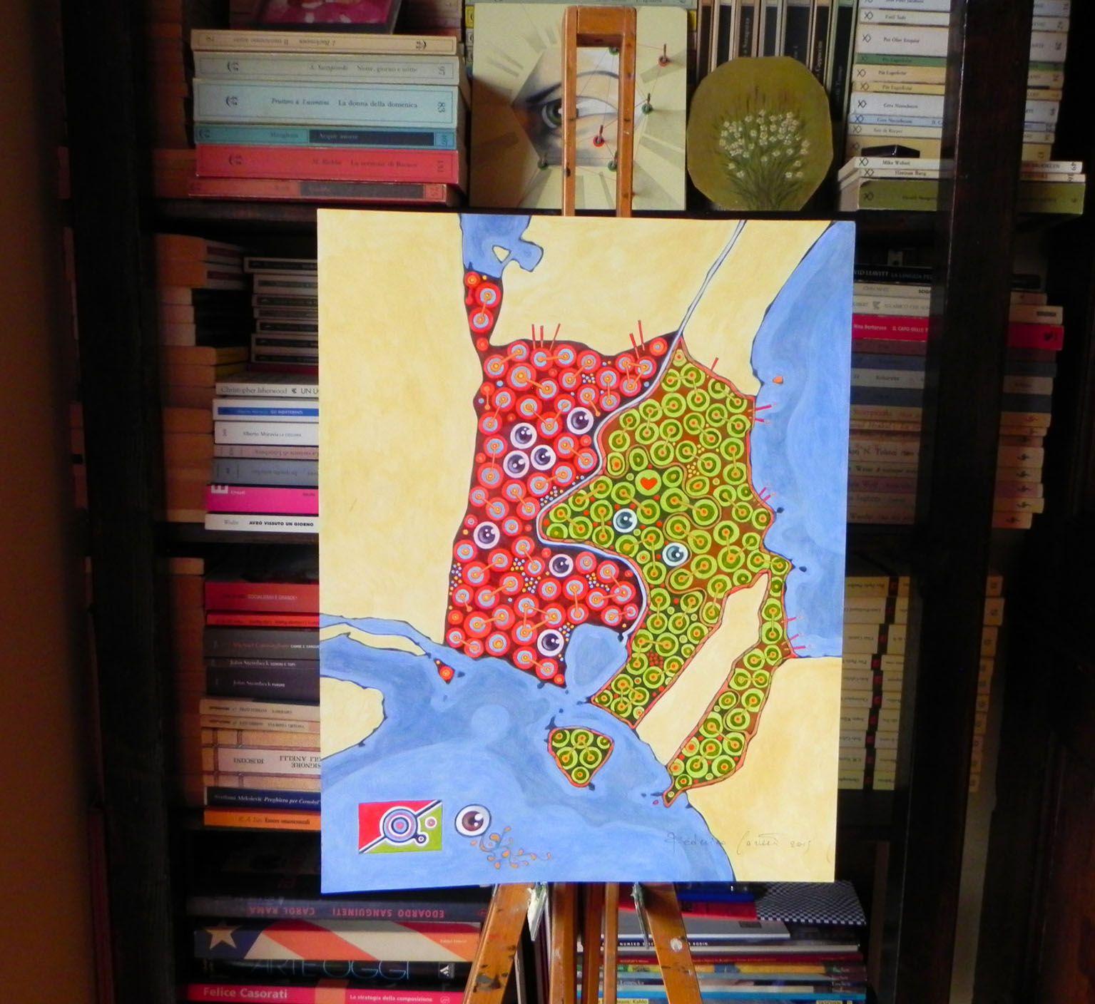Doppia nazione, Pittura, Olio su carta - Painting di Federico Cortese