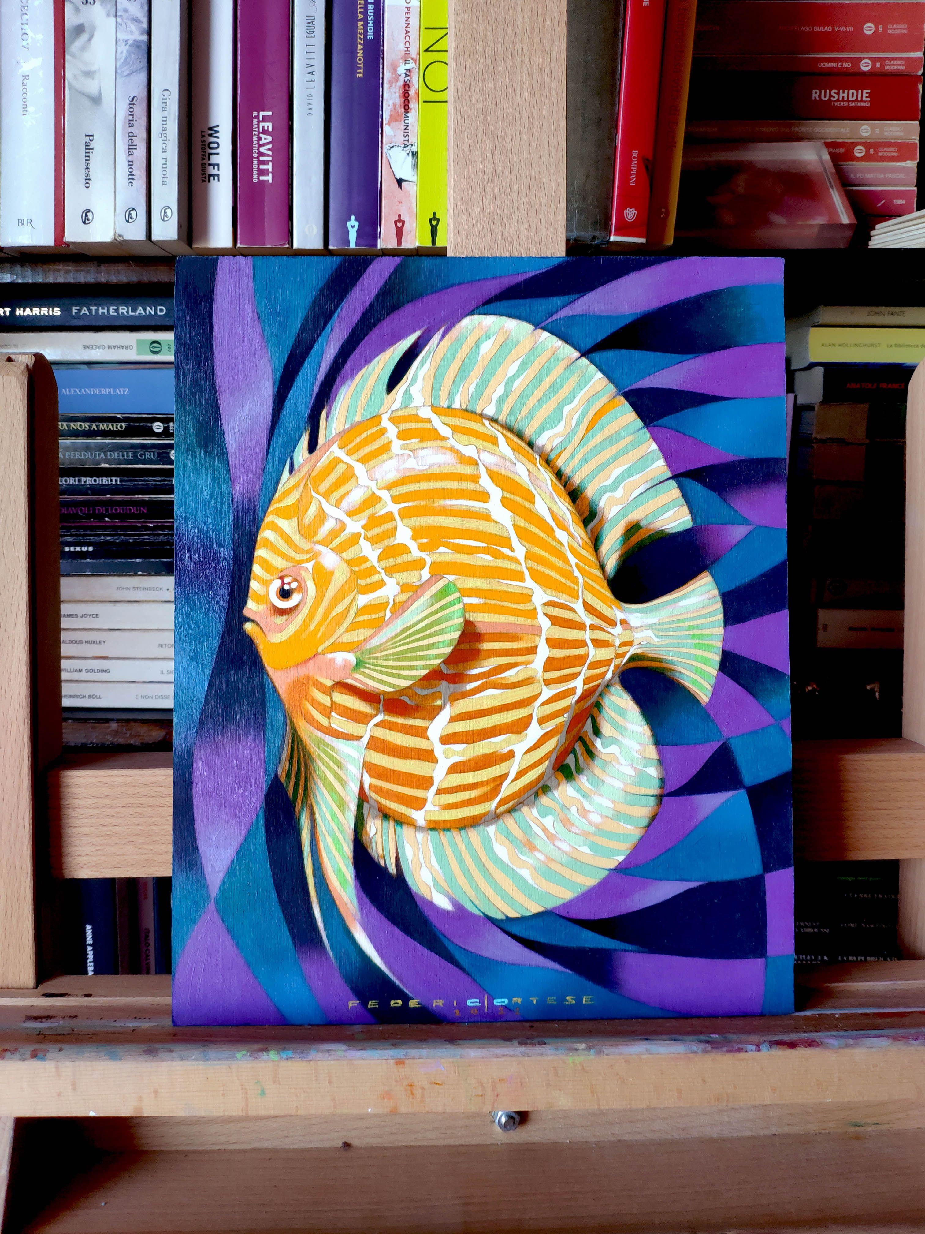 Fisch, Gemälde, Öl auf Holzplatte im Angebot 2