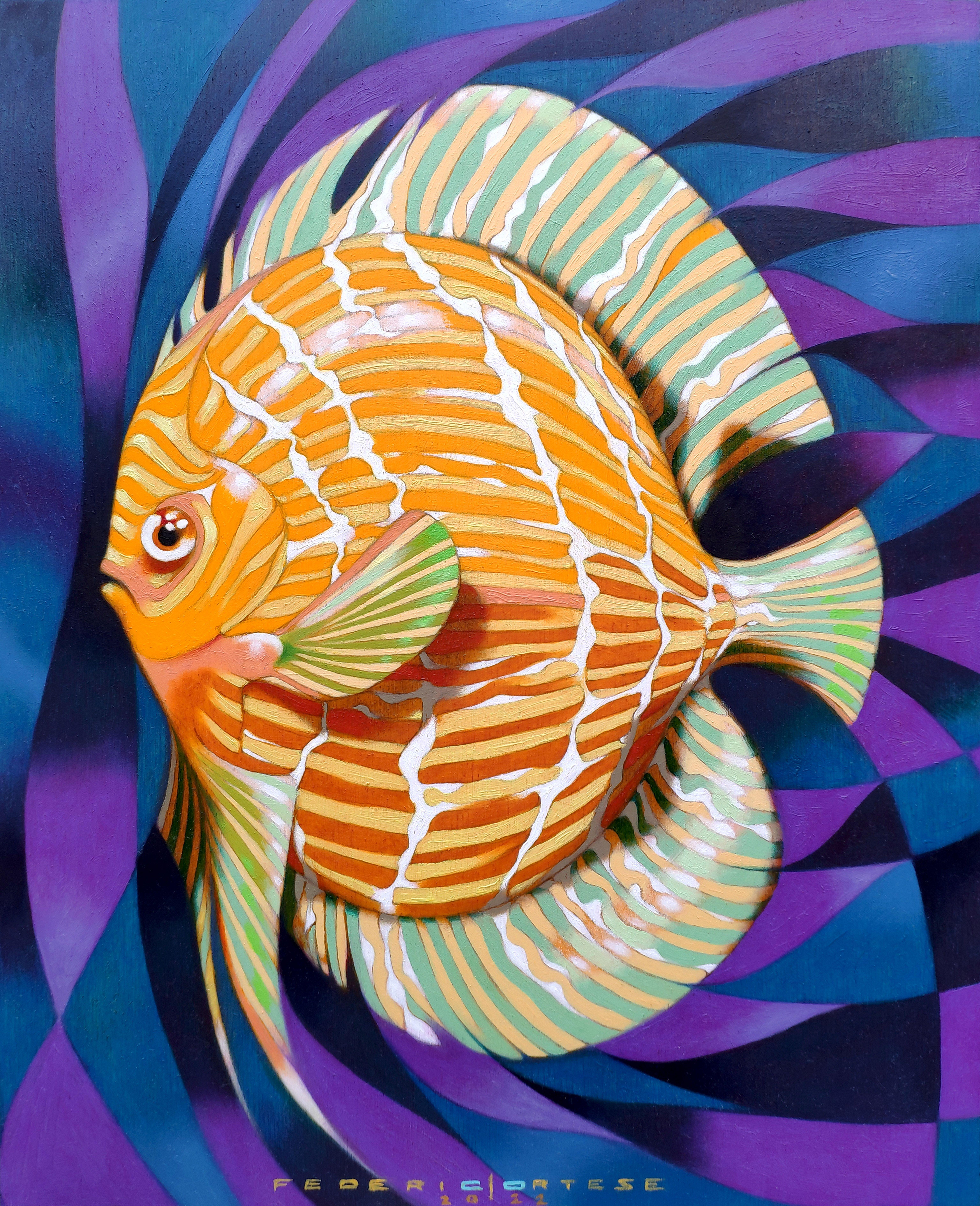 Fisch, Gemälde, Öl auf Holzplatte – Painting von Federico Cortese