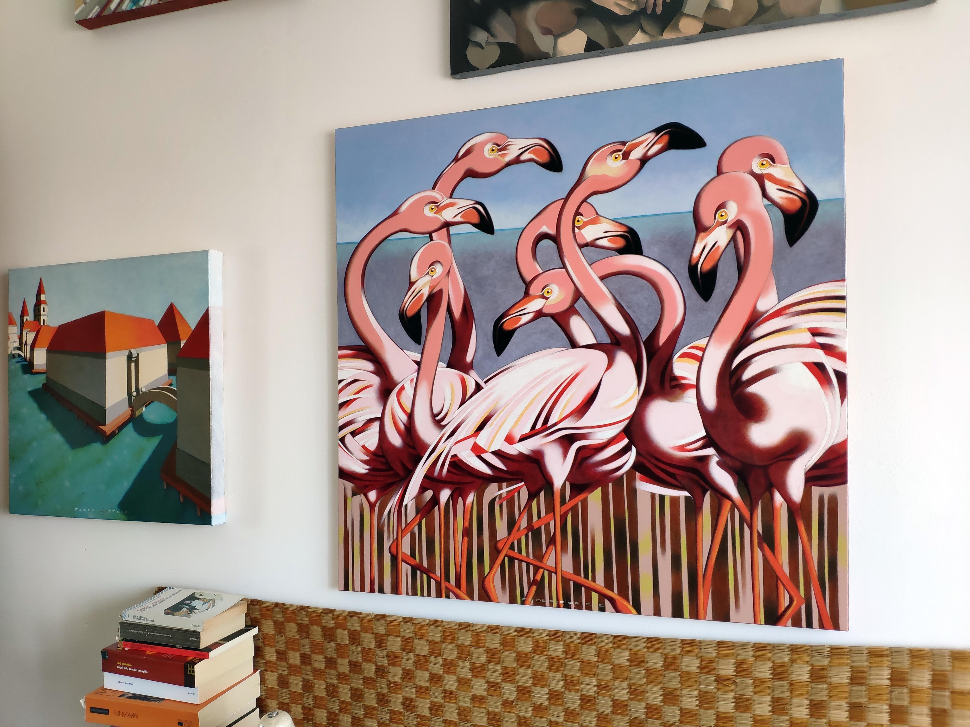 Flamingos, Painting, Oil on Canvas For Sale 4