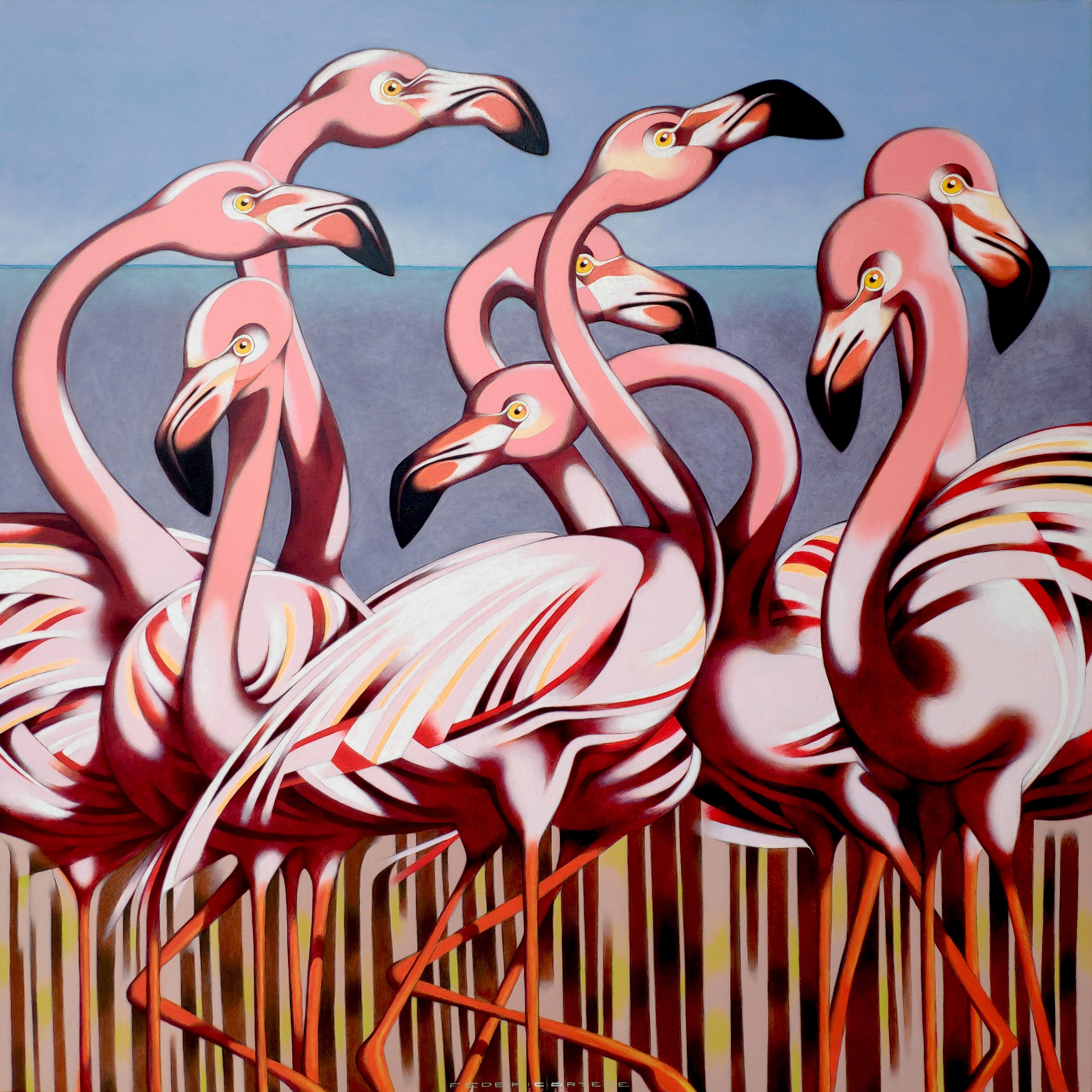A group of pink flamingos, oil on canvas, 2022. The edges of the canvas are painted with a uniform color and the canvas can be hung without frame. :: Painting :: Contemporary :: This piece comes with an official certificate of authenticity signed by