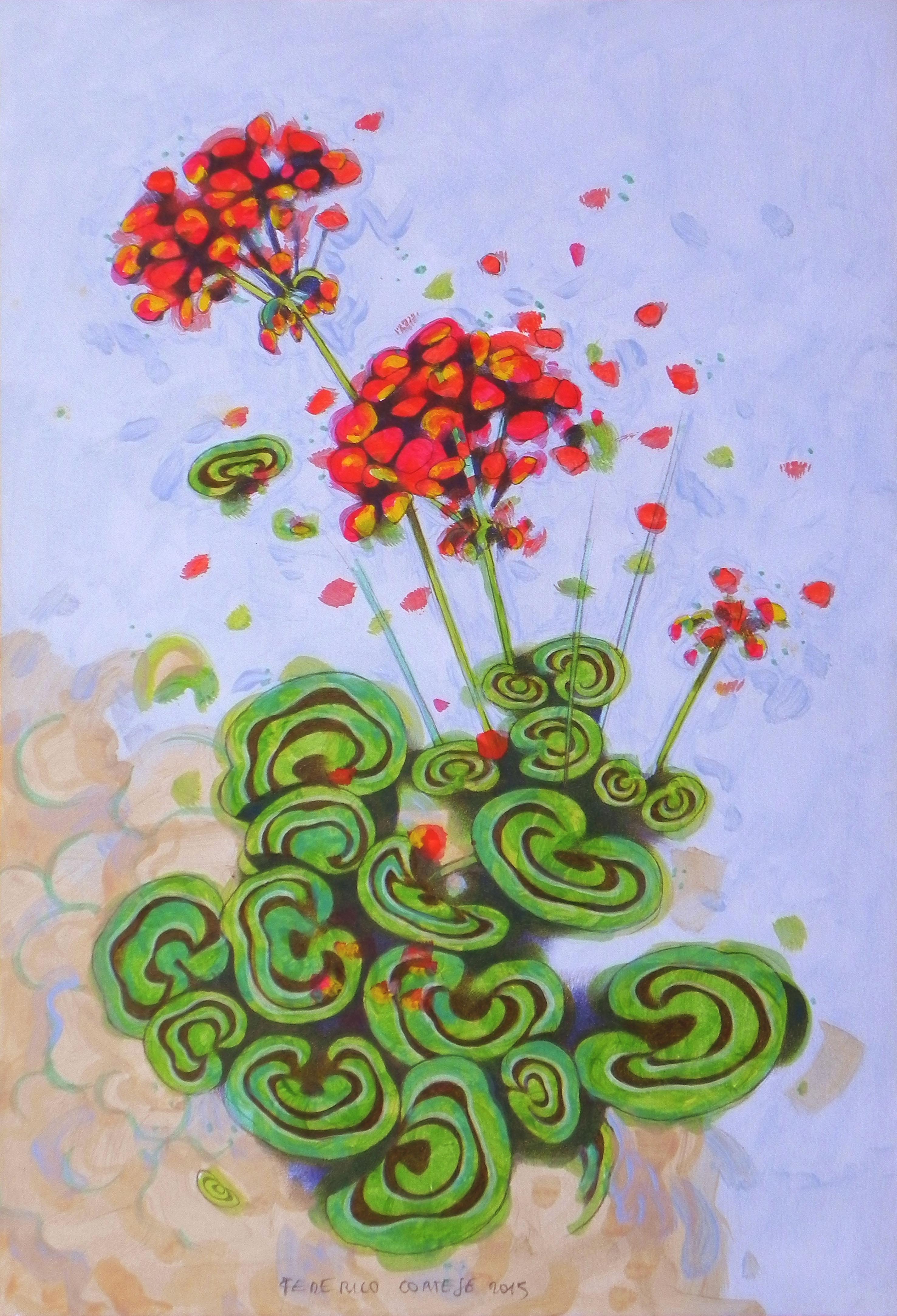Geranien, Gemälde, Öl auf Papier – Painting von Federico Cortese