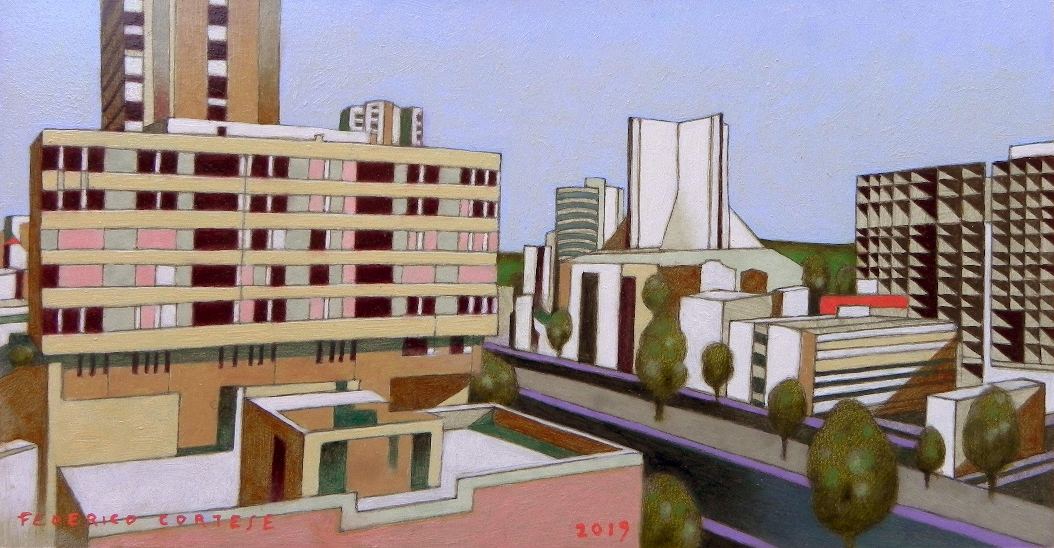 From a series of urban views, half imaginary and half real. The painting is made with oil colors on paper prepared for oil painting, and finished with protective varnish.  :: Painting :: Realism :: This piece comes with an official certificate of