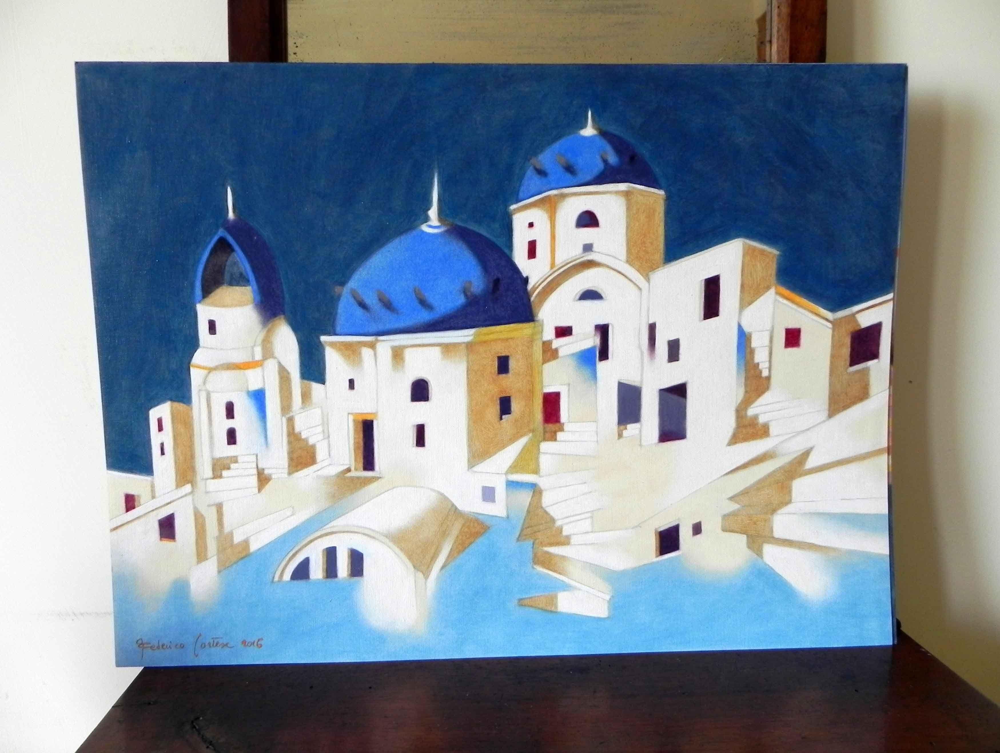 Memory of Santorini, Painting, Oil on Paper For Sale 3