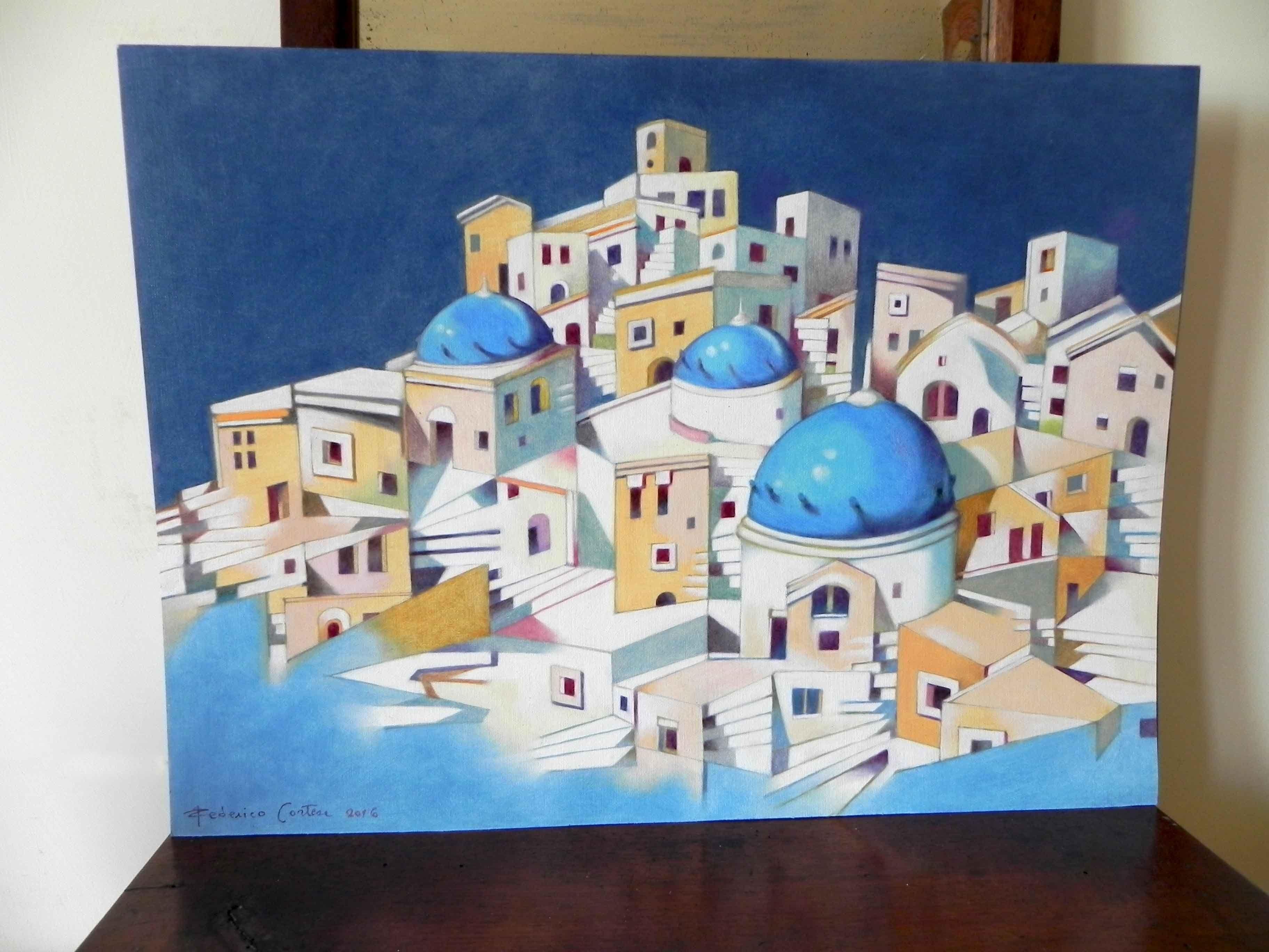Memory of Santorini, Painting, Oil on Paper For Sale 4
