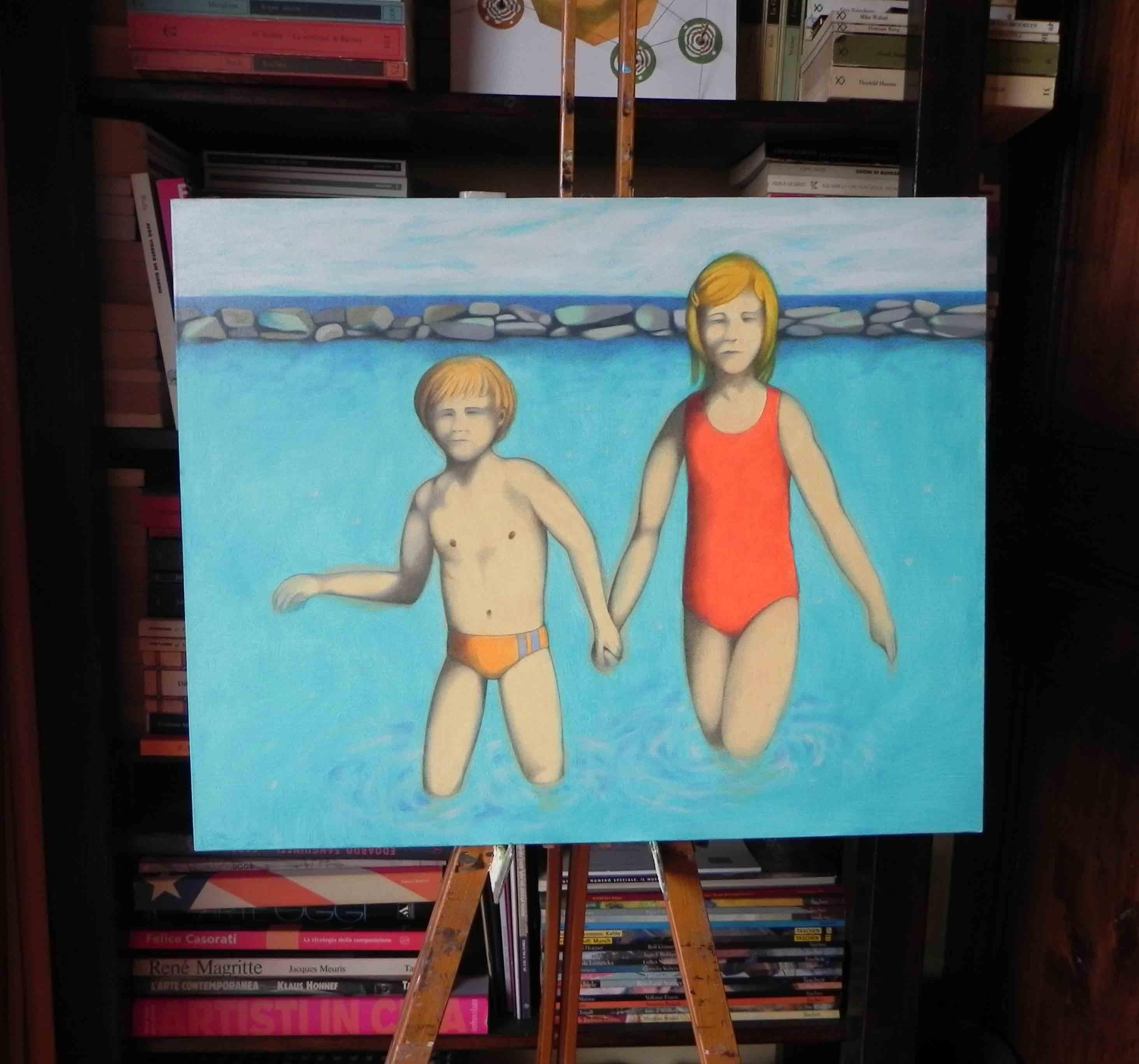 Meine Schwester und ich, Gemälde, Öl auf Leinwand im Angebot 1