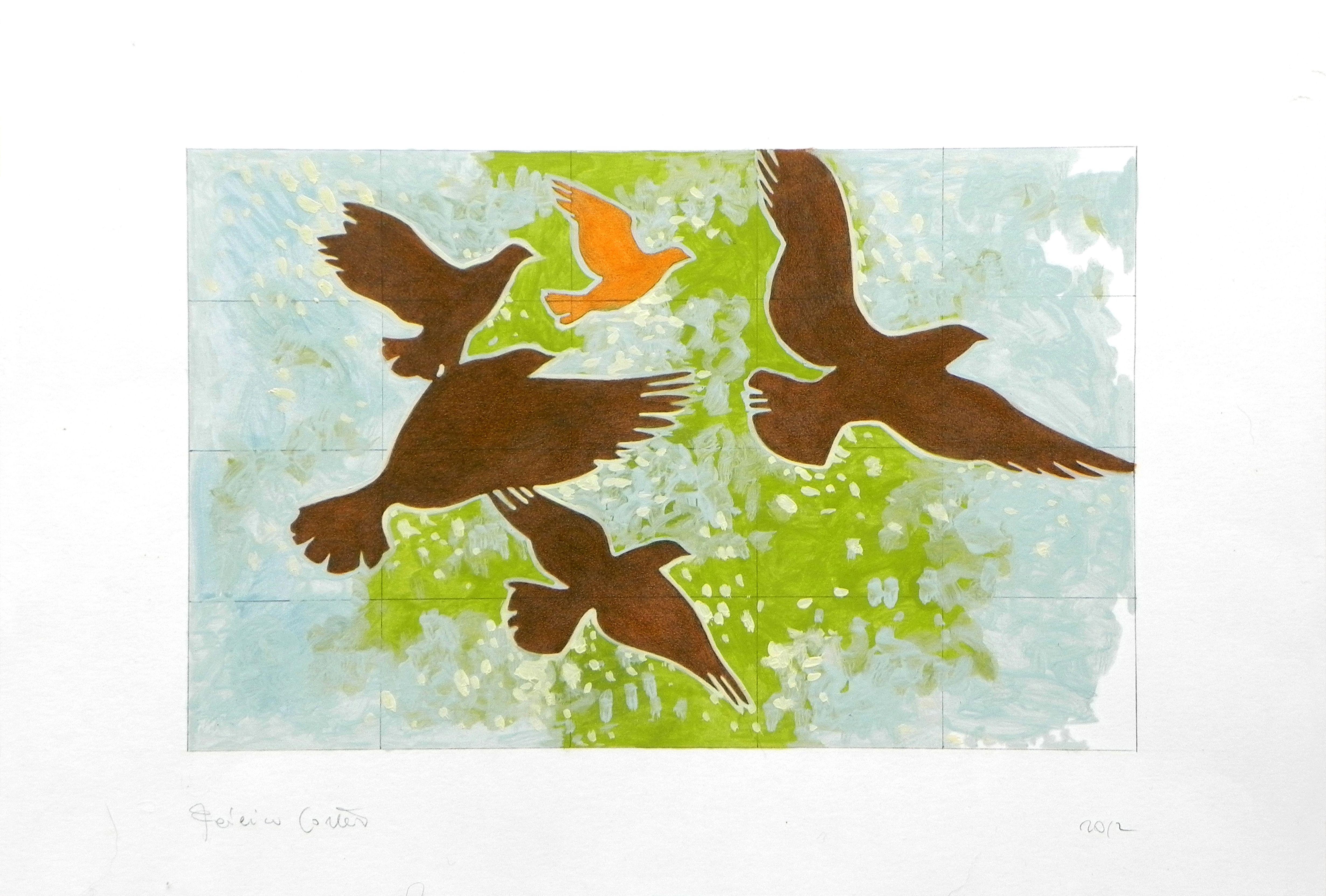 Federico Cortese Abstract Painting - Pigeons, Painting, Oil on Paper