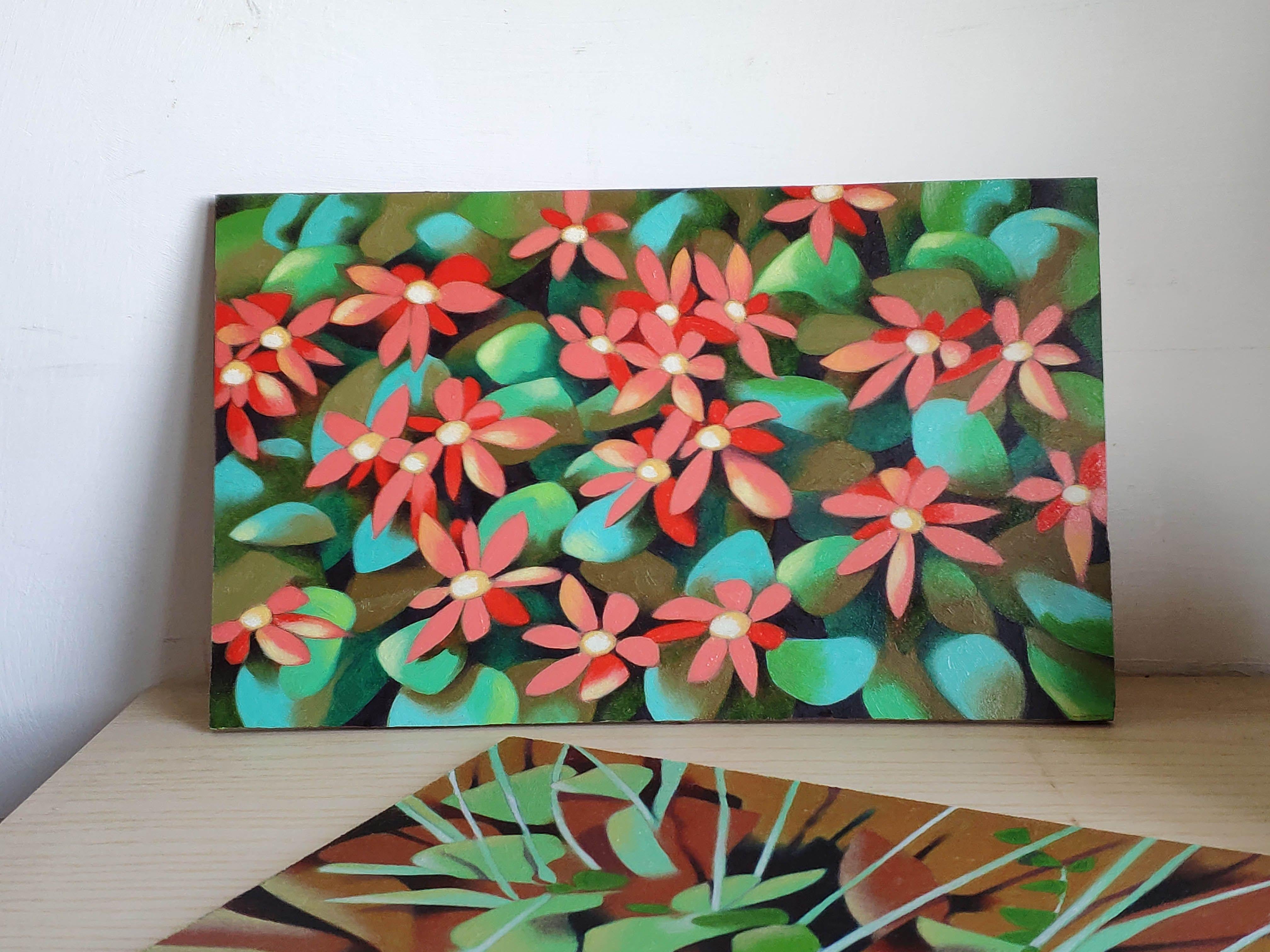 Red flowers, Painting, Oil on Wood Panel For Sale 1