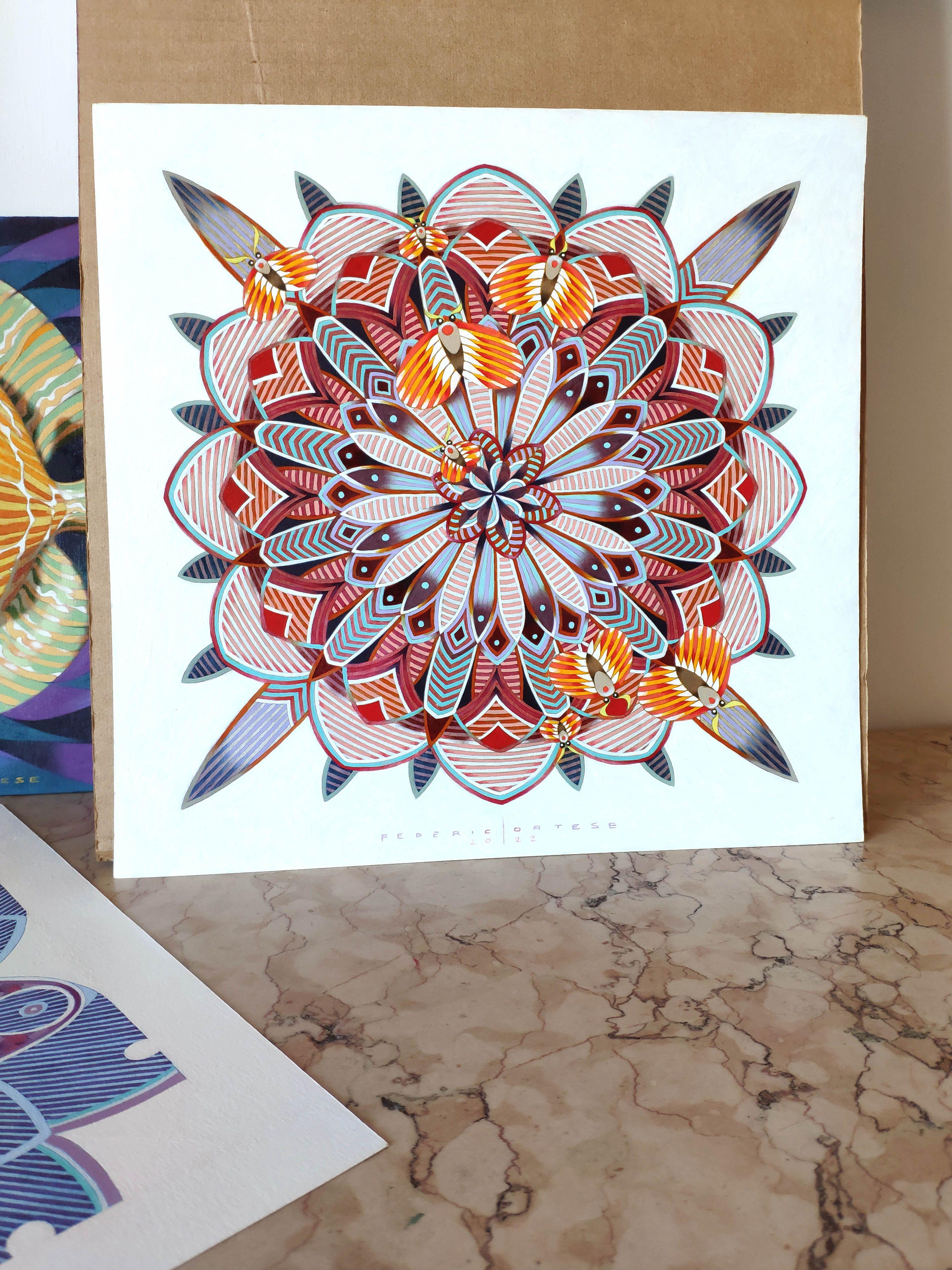 Peinture flocon de neige avec papillons, huile sur papier en vente 2