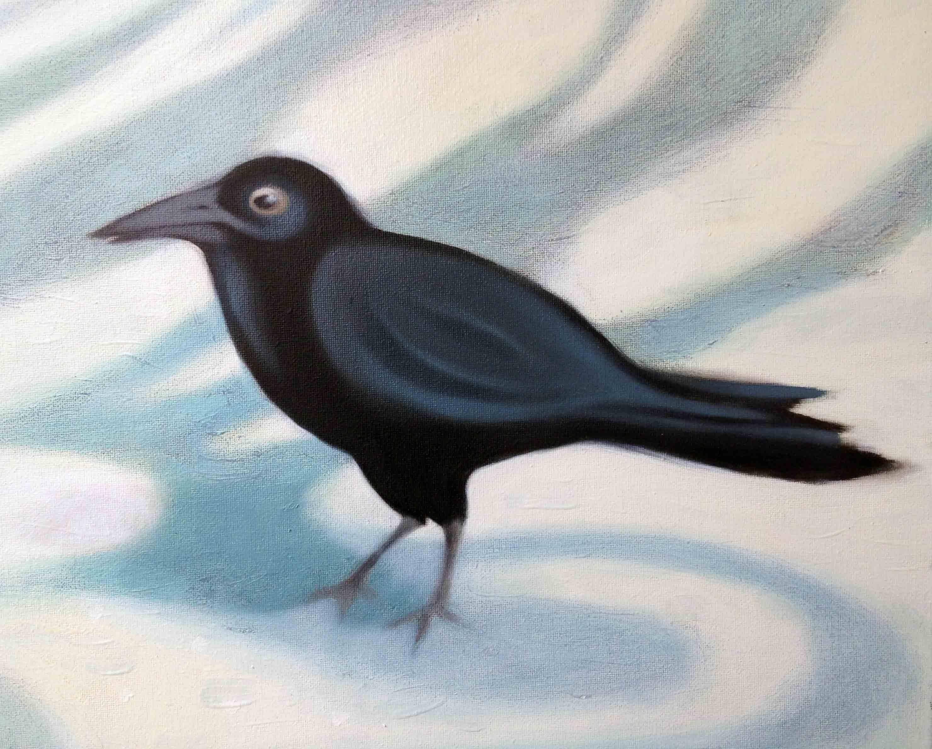 Öl auf Leinwand, 2014, 80 x 70 cm.    â€žIch habe eine fette, weiße Spinne mit Grübchen gefunden,  Auf einem weißen Heal-all, eine Motte hochhaltend  Wie ein weißes Stück steifen Satinstoffs -   Verschiedene Zeichen von Tod und Verderben  Gemischt,