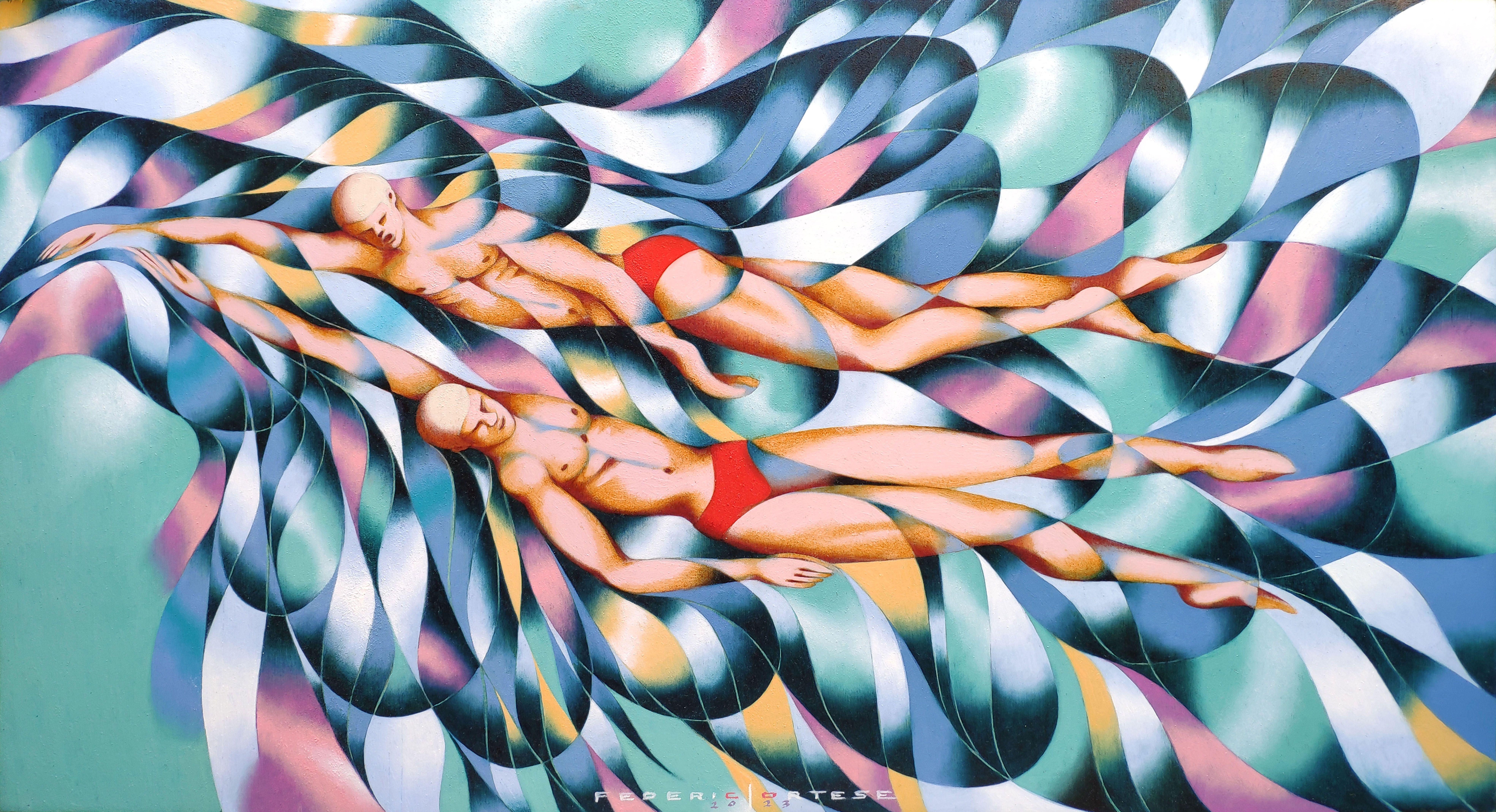Nuotatori, Pittura, Olio su pannello di Wood - Painting di Federico Cortese