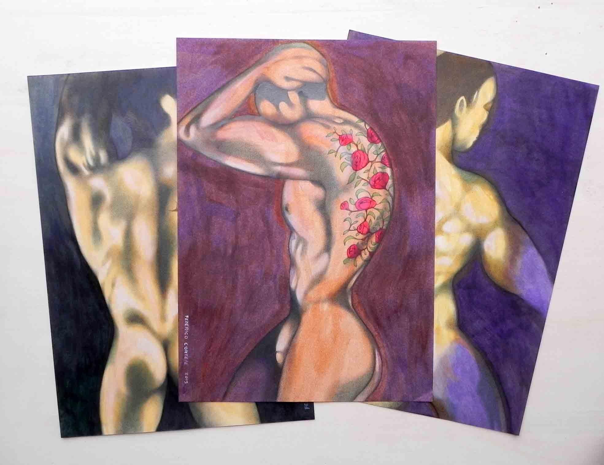 corps tatoué, peinture, huile sur papier en vente 1