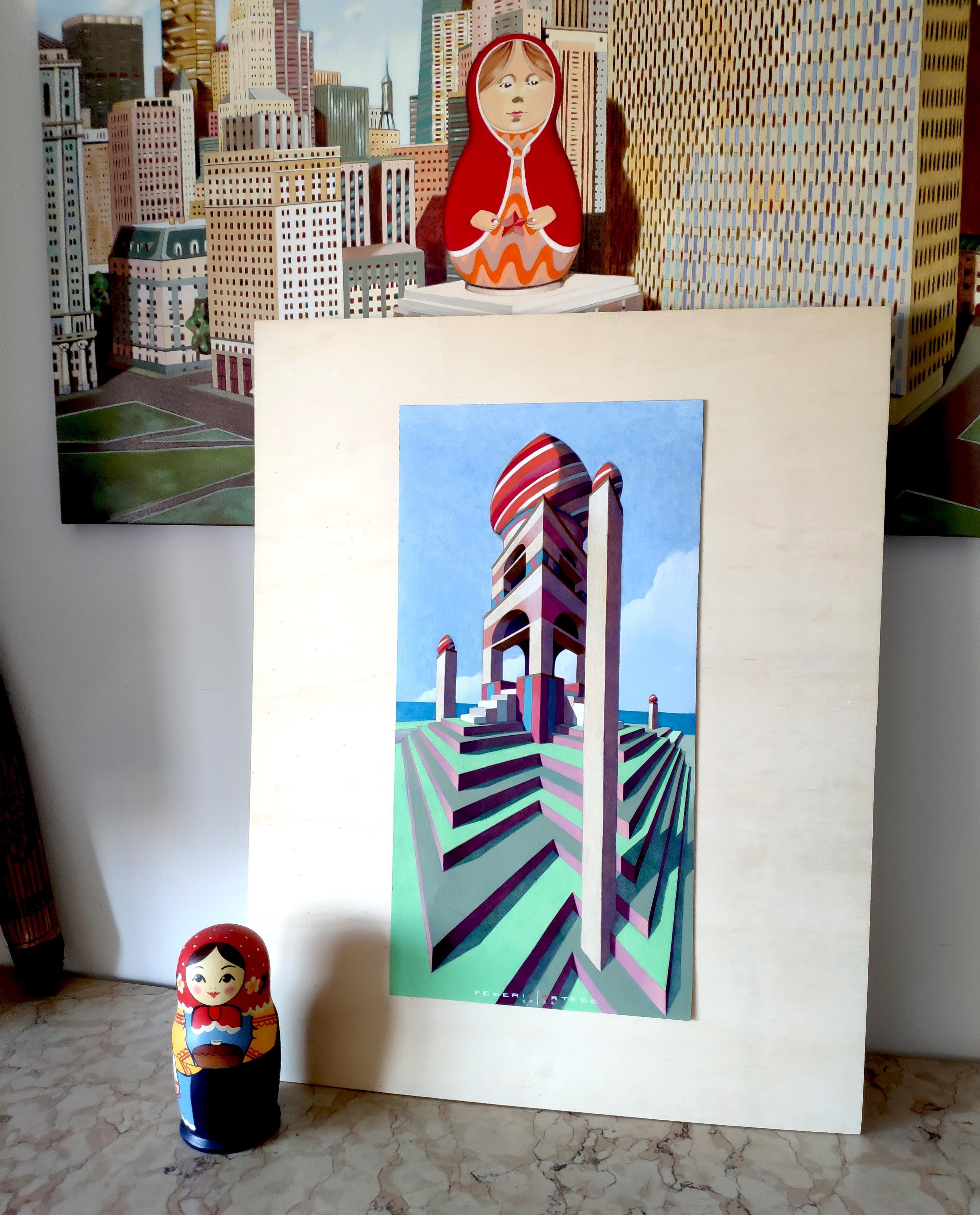 Das Schloss, Gemälde, Öl auf Papier im Angebot 2