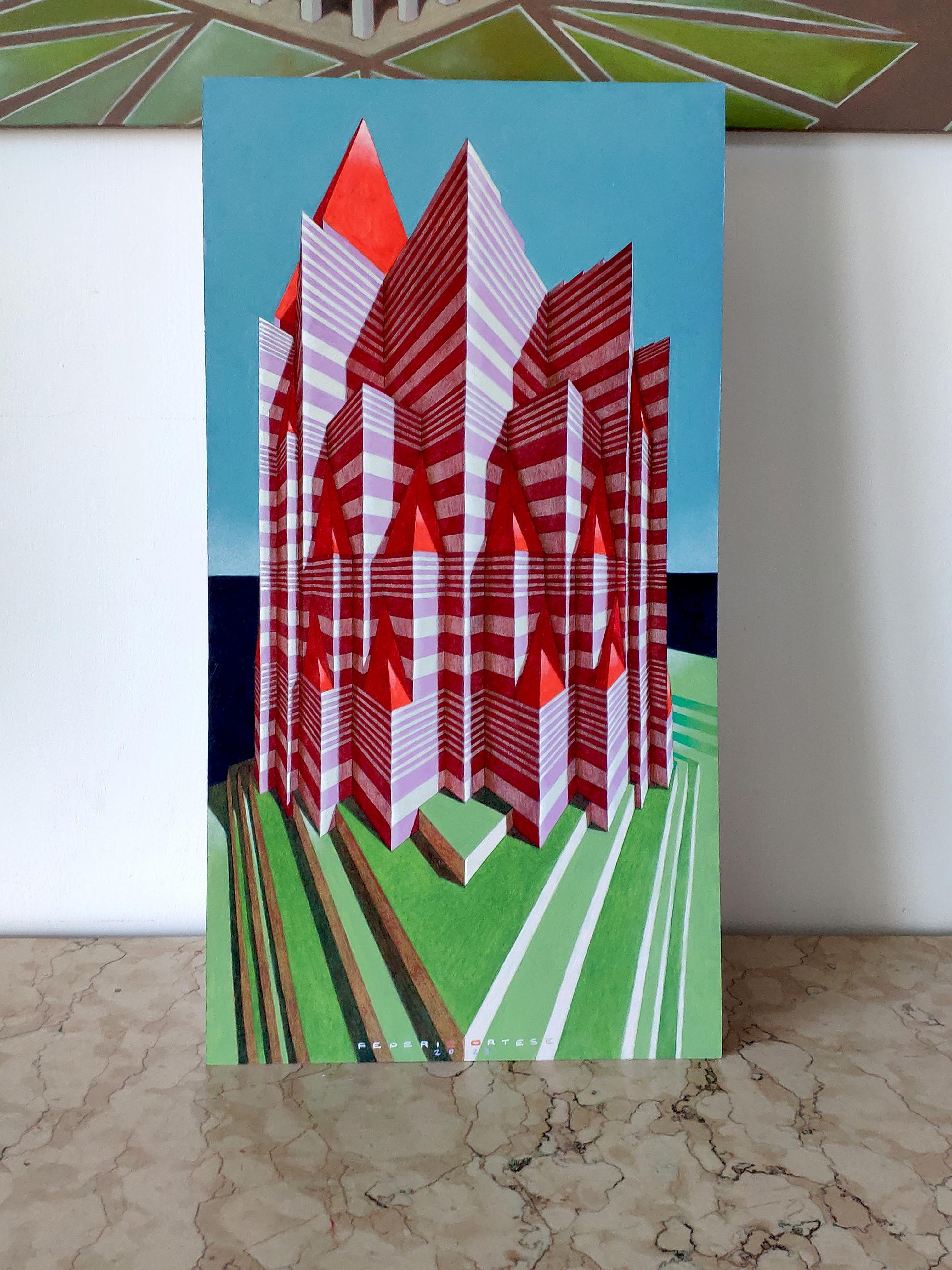 Das Schloss, Gemälde, Öl auf Papier im Angebot 2