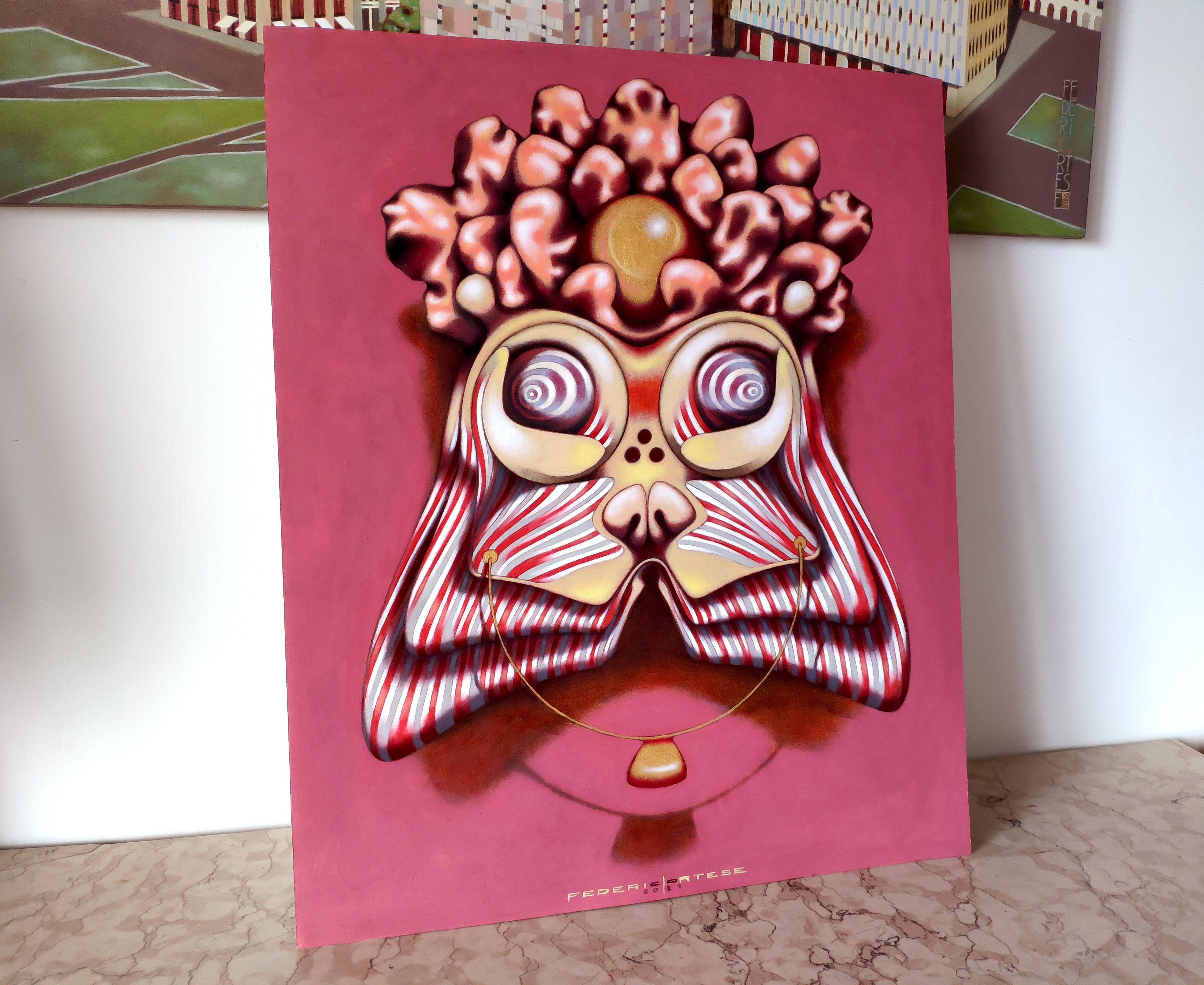 The coral cat mask, Painting, Oil on Paper For Sale 1