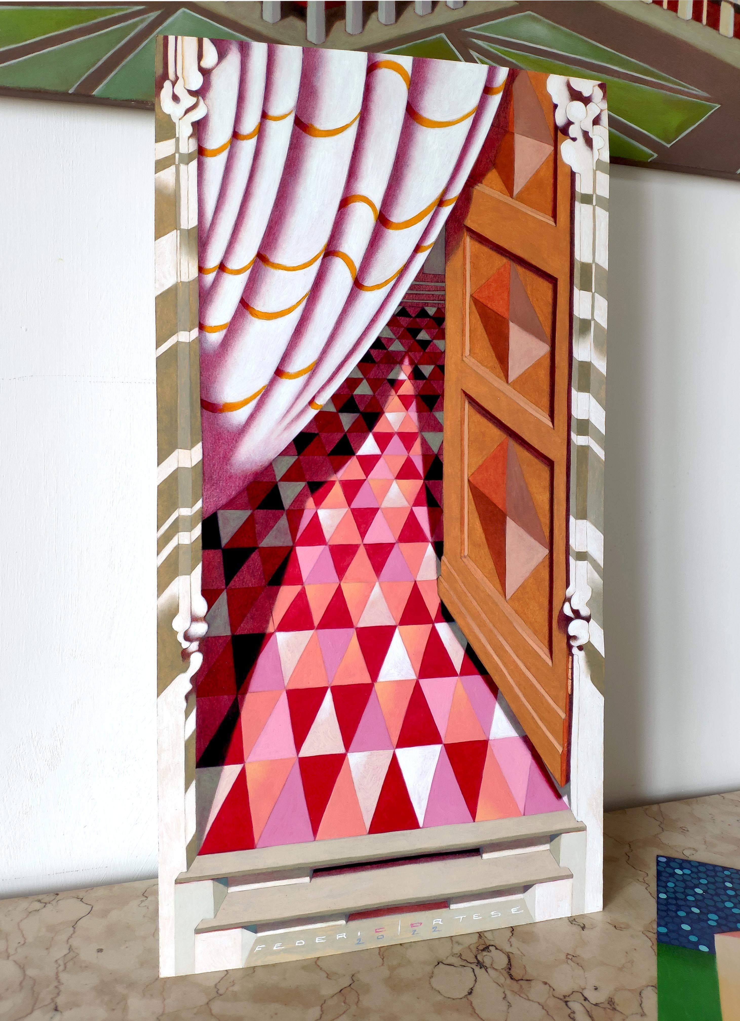 Der Eingang der Kirche, Gemälde, Öl auf Papier im Angebot 1