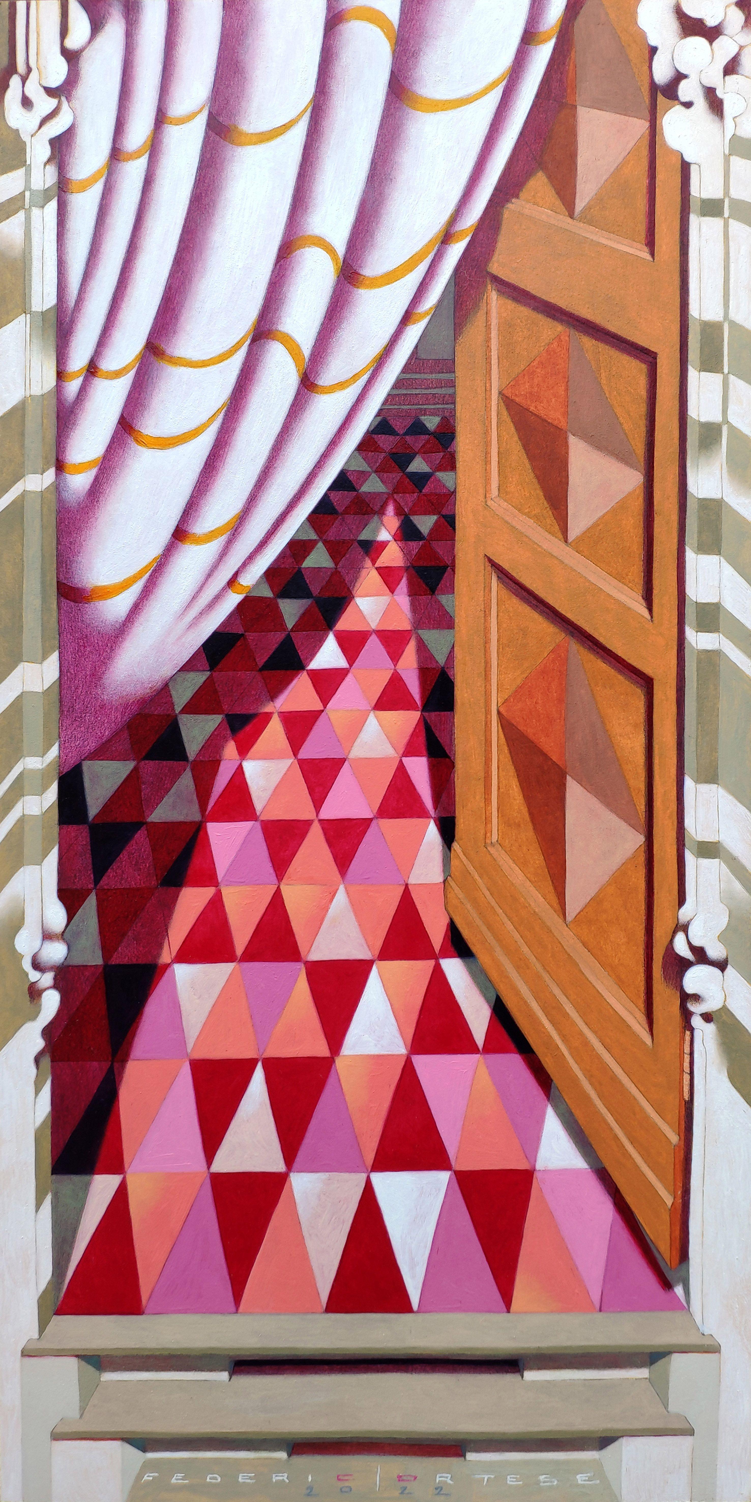 Der Eingang der Kirche, Gemälde, Öl auf Papier – Painting von Federico Cortese