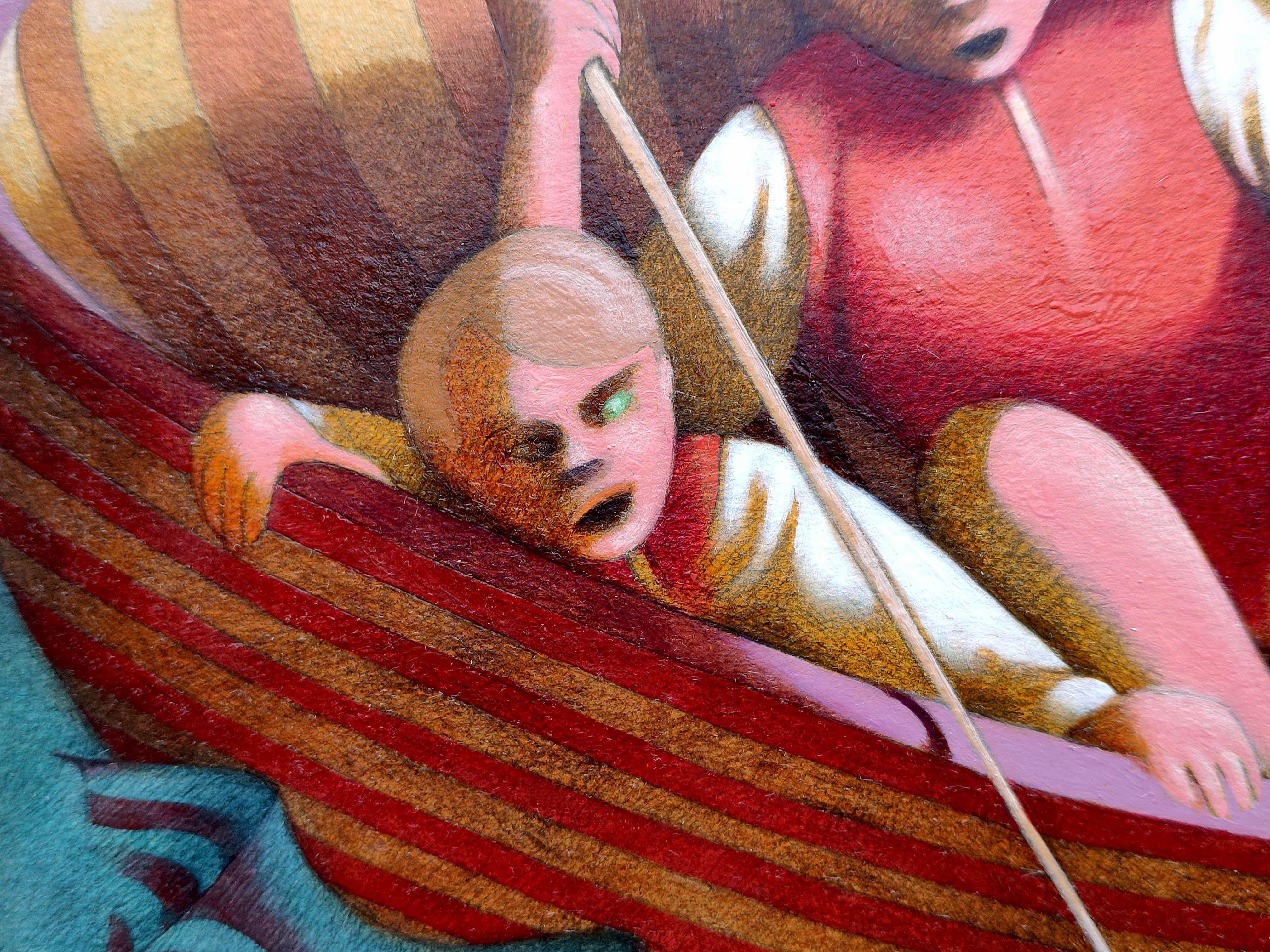La caza de la rana gigante, Pintura, Óleo sobre papel - Painting Surrealista de Federico Cortese
