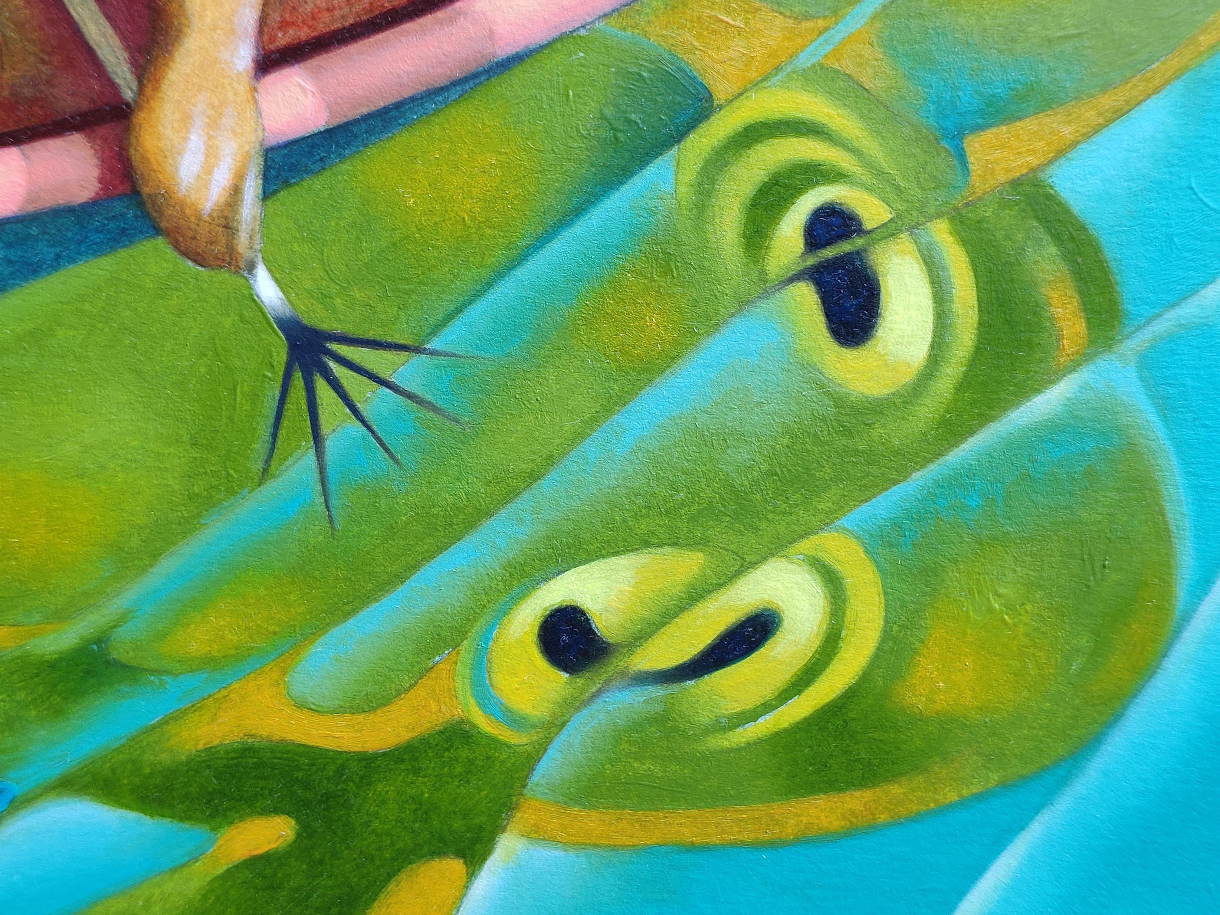 Die Jagd nach dem riesigen Frosch, Gemälde, Öl auf Papier im Angebot 1