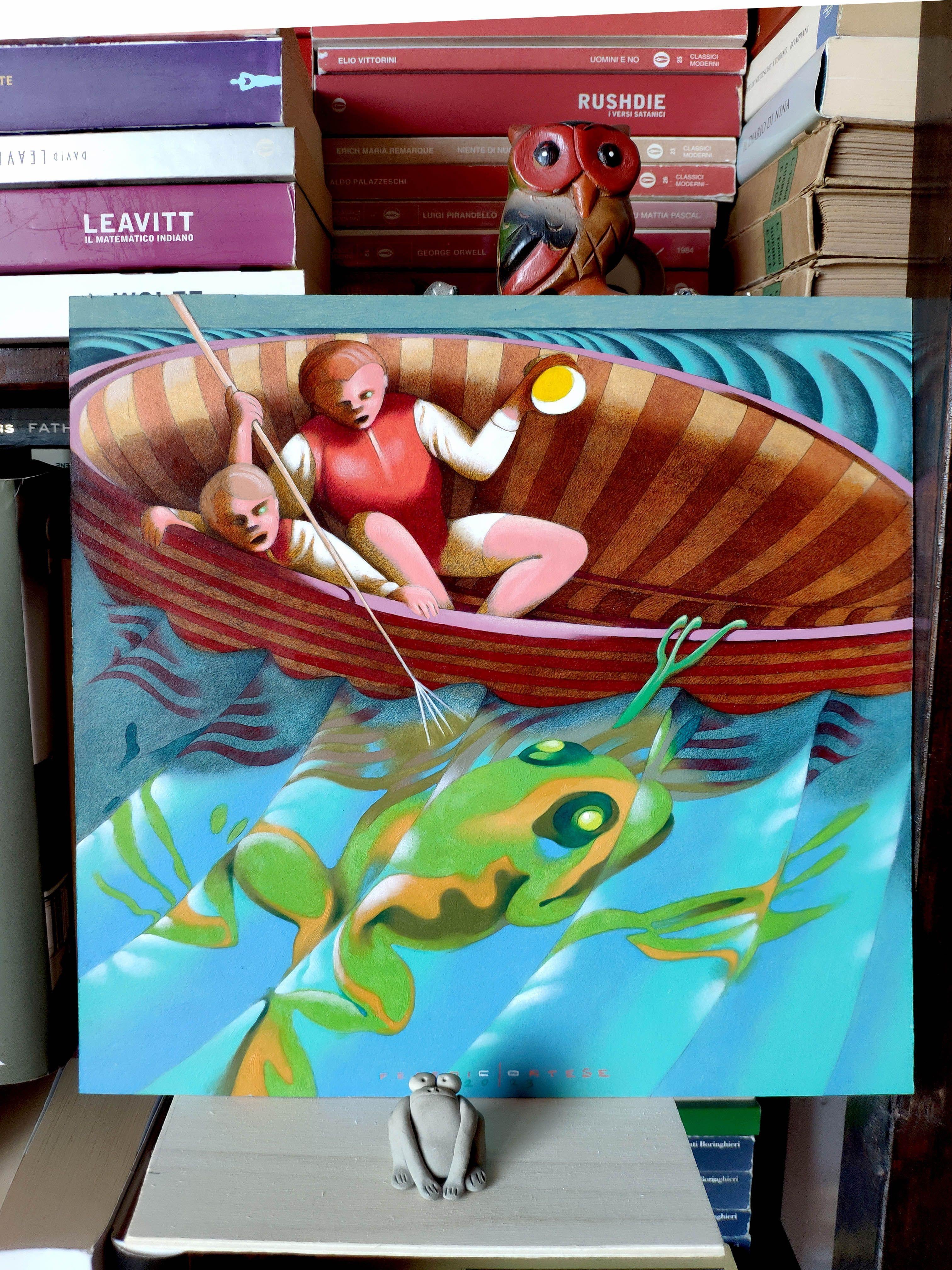 La caza de la rana gigante, Pintura, Óleo sobre papel en venta 2