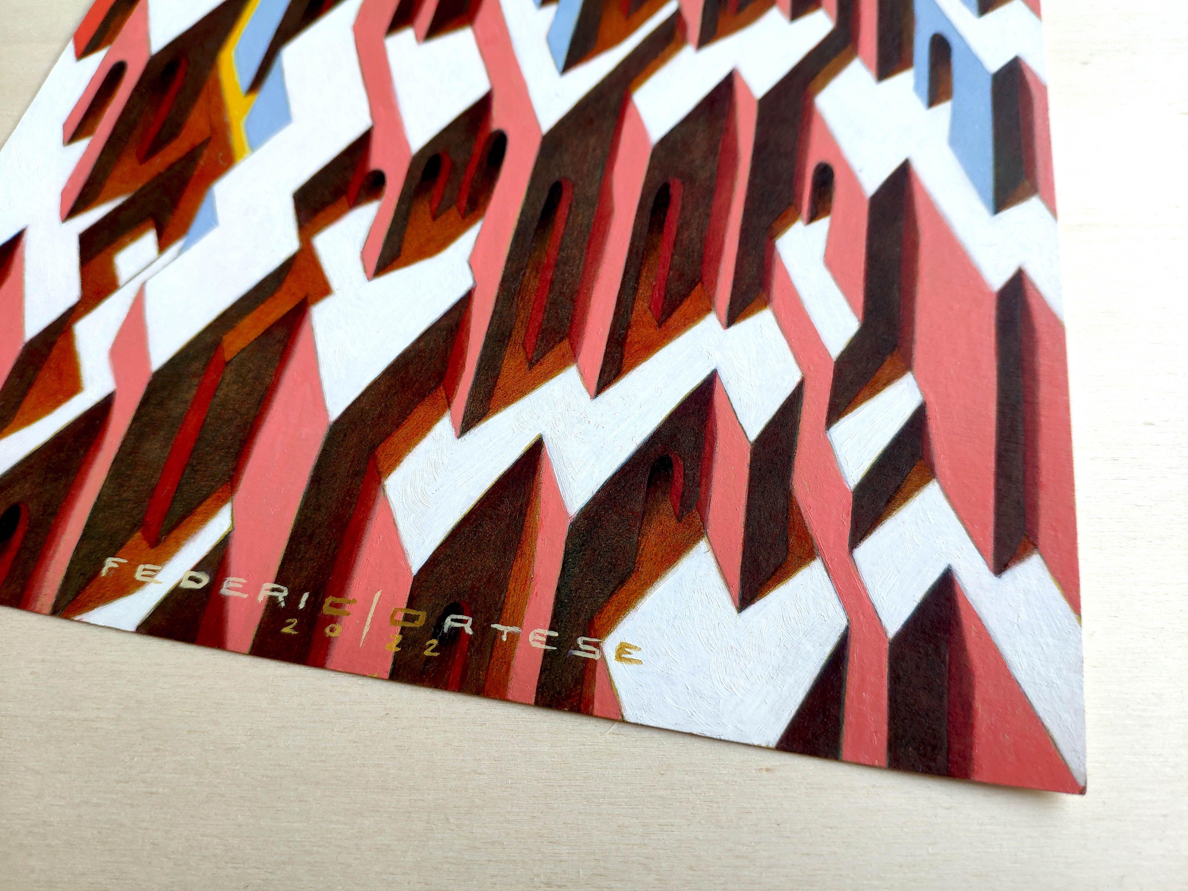 Die unendliche Stadt, Gemälde, Öl auf Papier (Surrealismus), Painting, von Federico Cortese