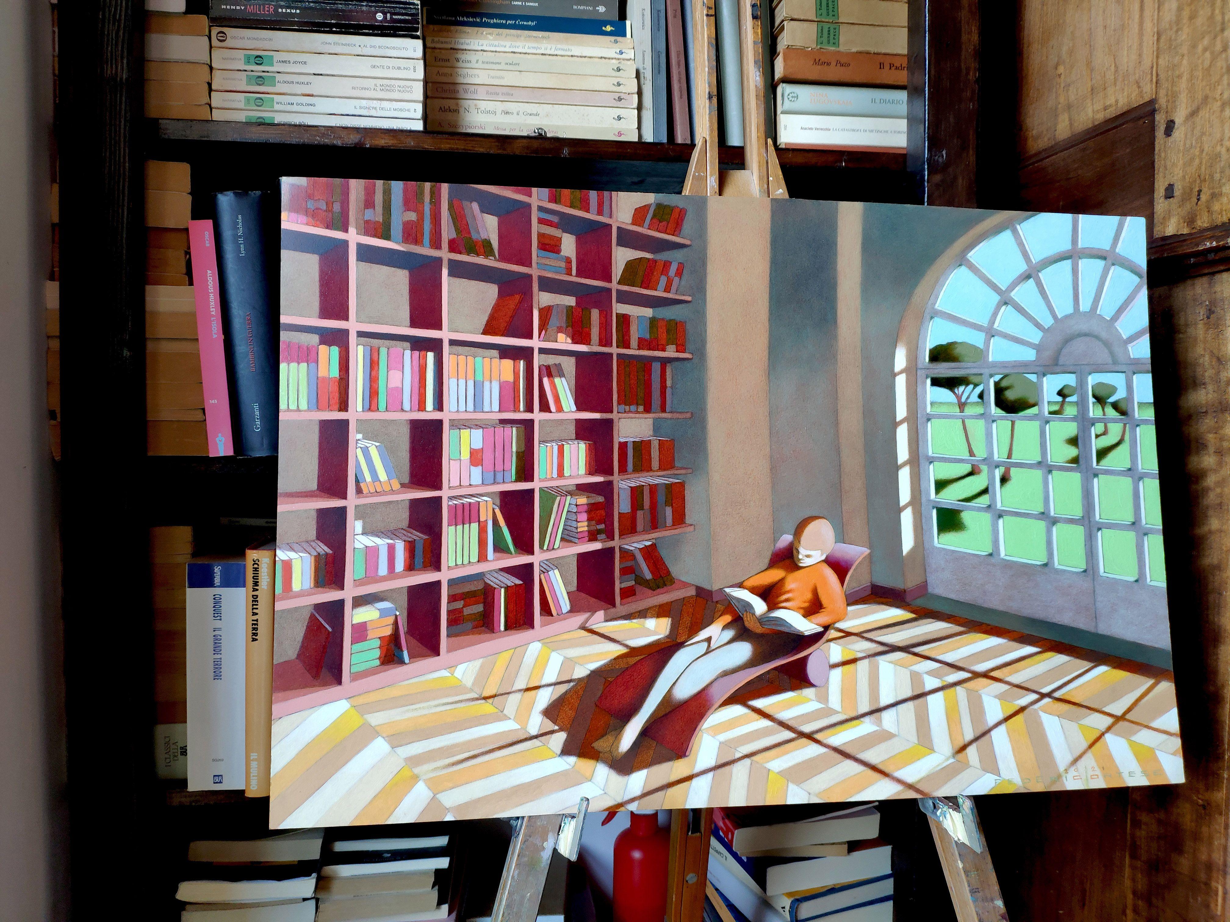 The reading room, Painting, Oil on Paper For Sale 3