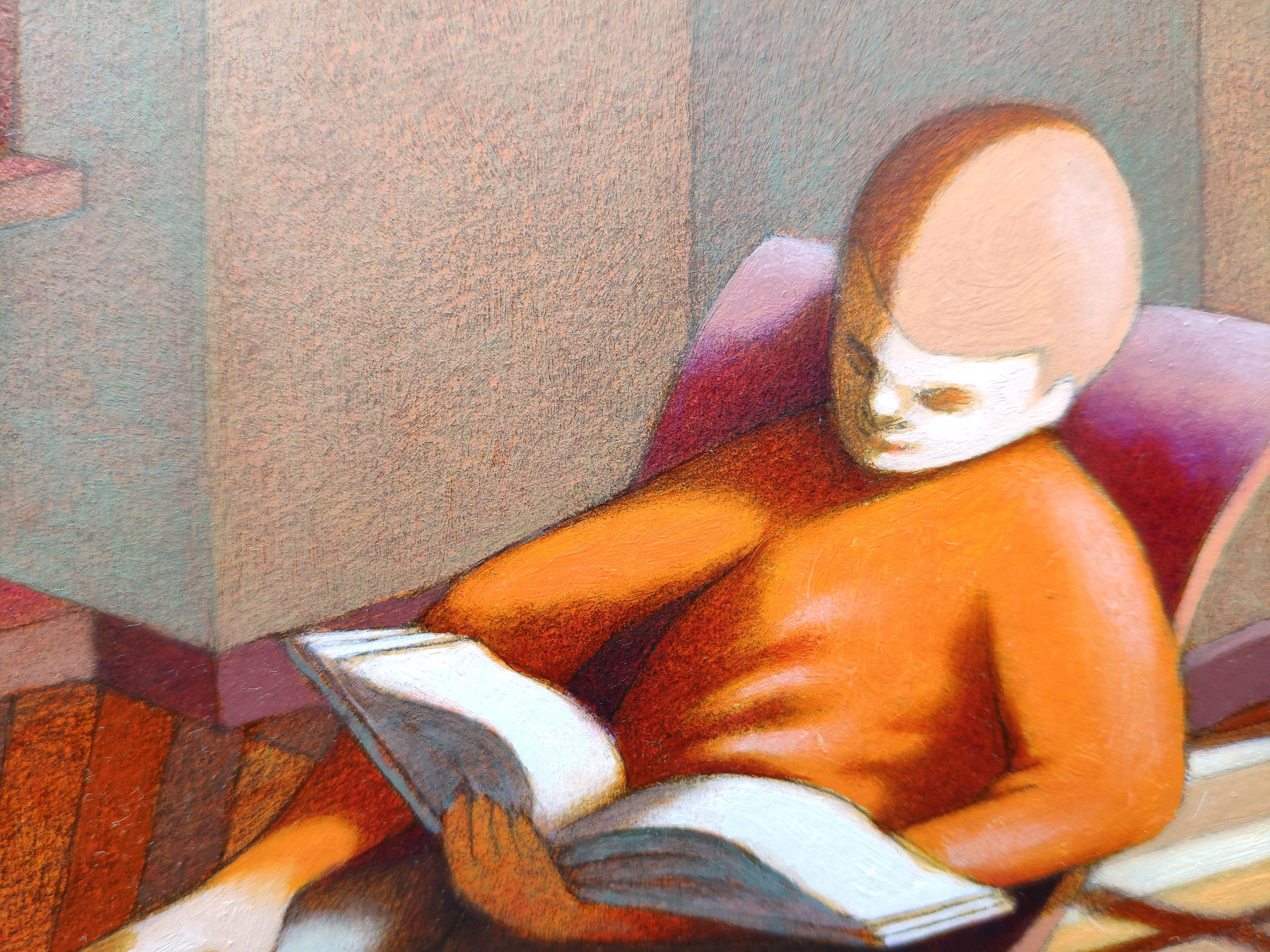The reading room, Painting, Oil on Paper For Sale 4